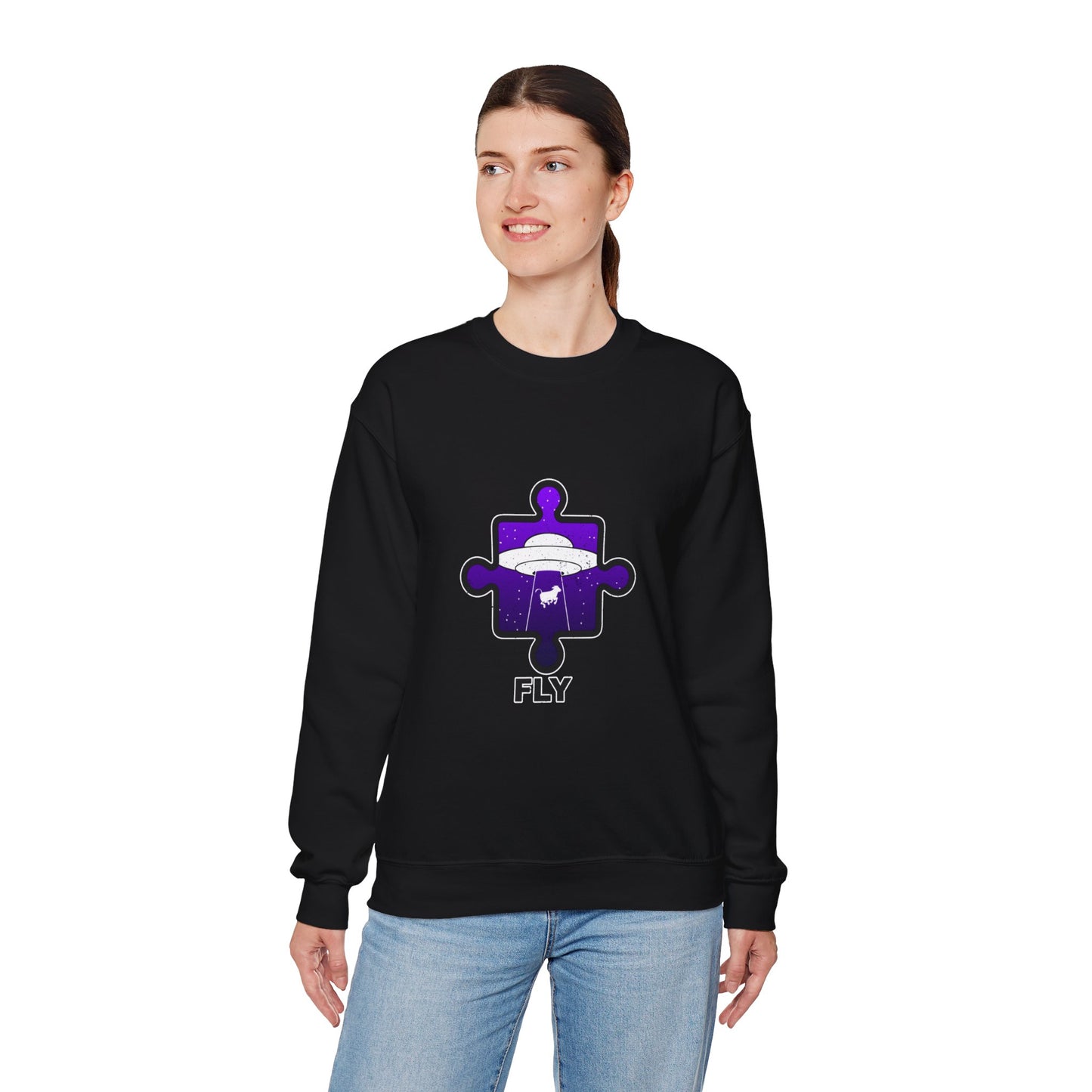 Distressed Crewneck Sweatshirt – Cow & UFO Puzzle Piece with ‘Fly’ Theme