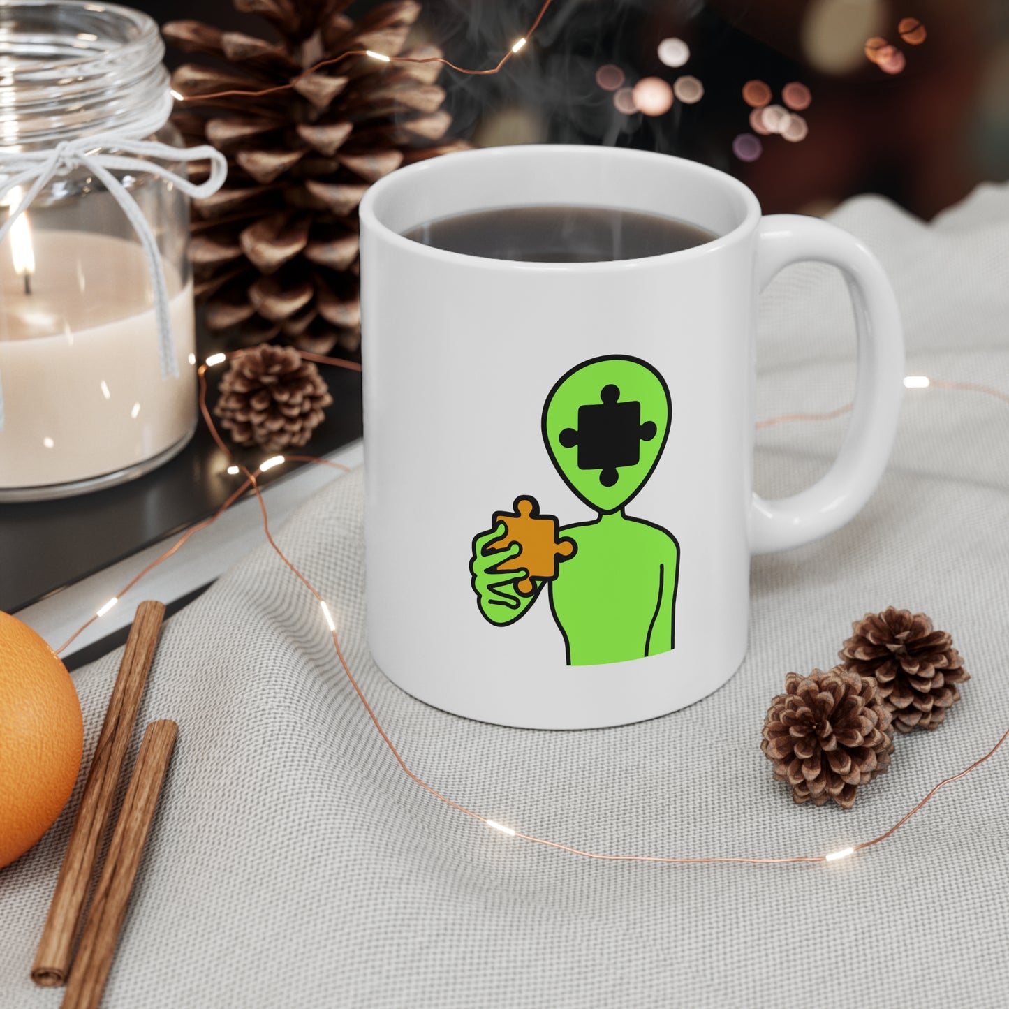 Alien Puzzle Piece Mug – UFO-Themed Ceramic Cup – 11oz