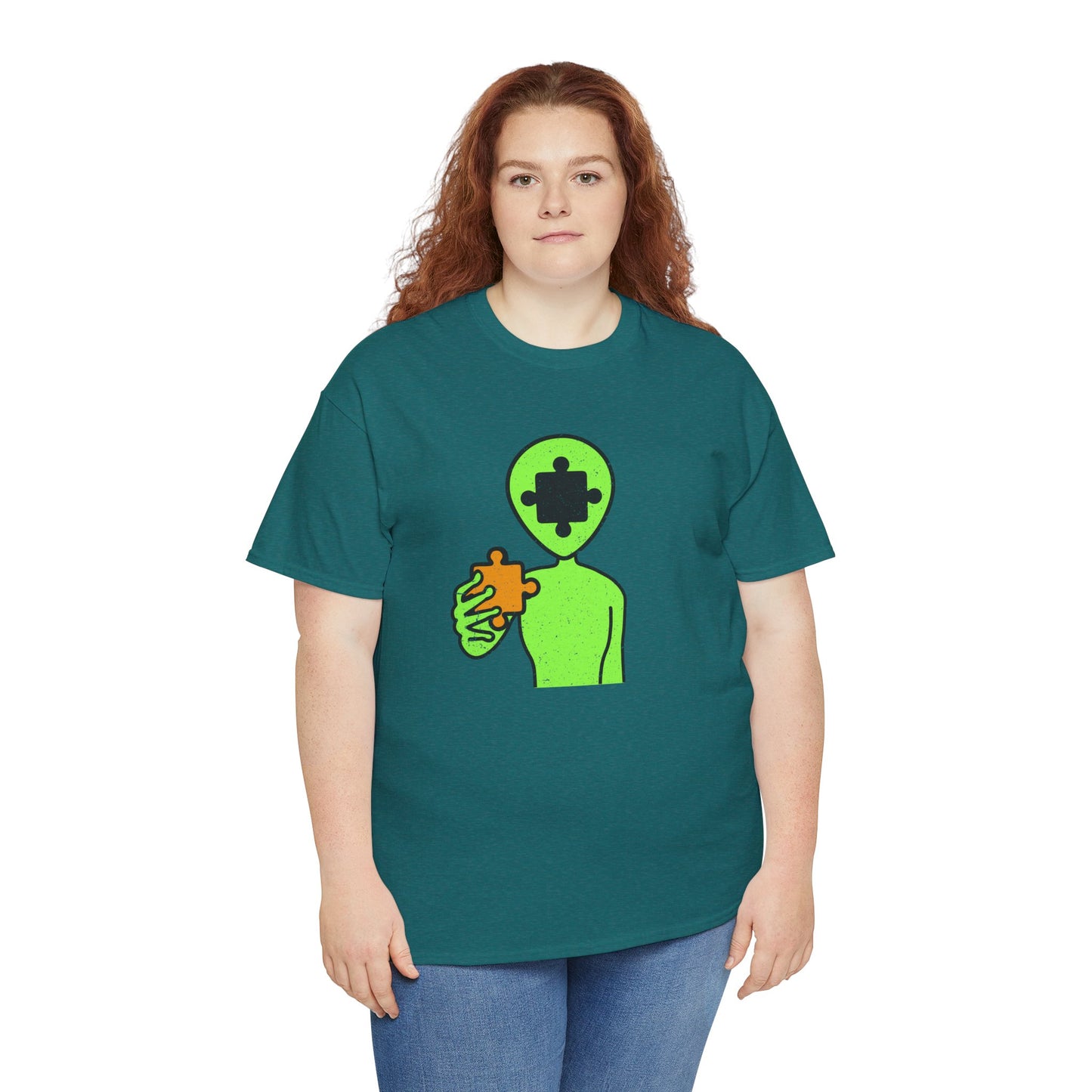 Alien Puzzle Piece T-Shirt – Distressed Cosmic Design – Unisex Heavy Cotton Shirt for Life’s Mysteries