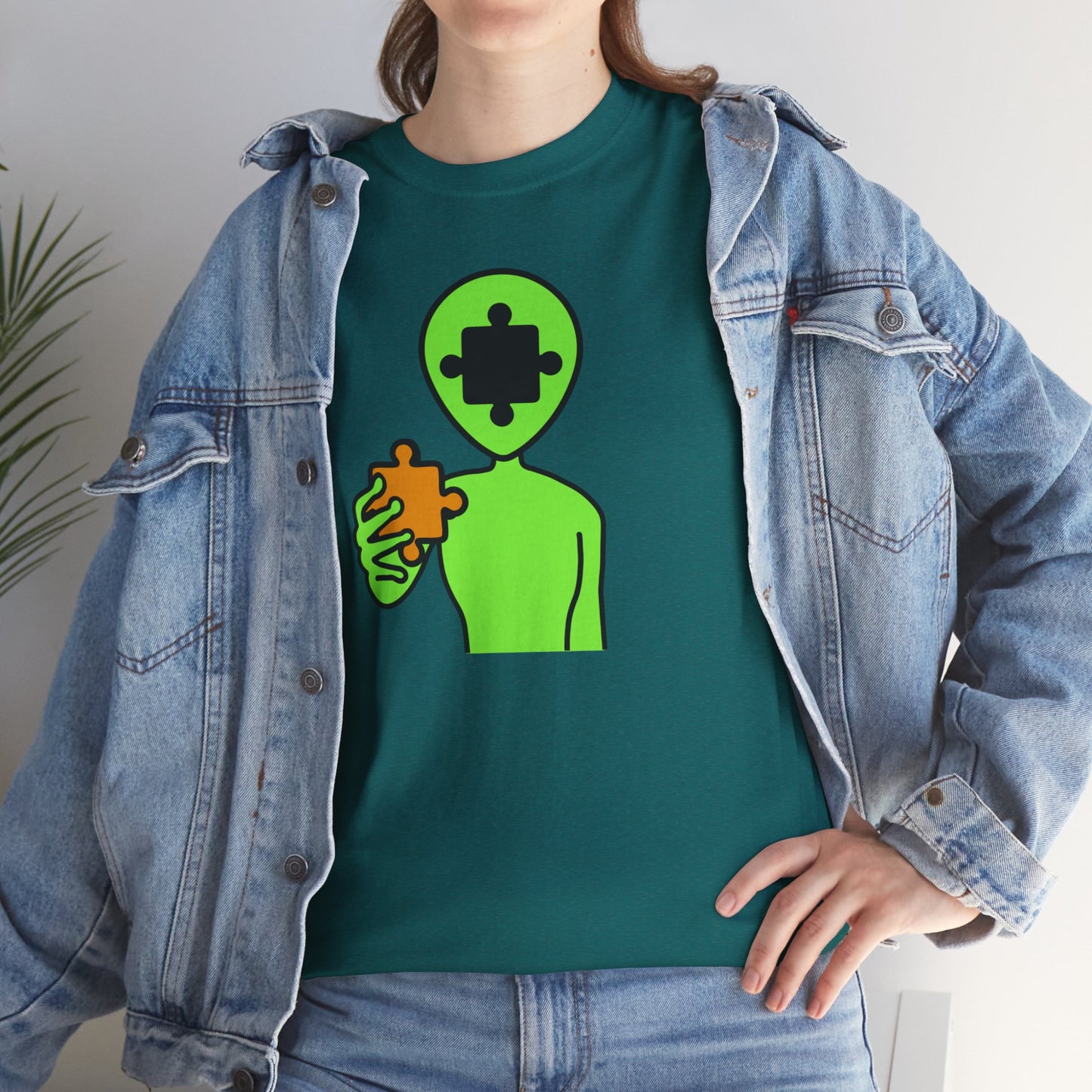 Alien Puzzle Piece T-Shirt – Clean Cosmic Design – Unisex Heavy Cotton Shirt for Life’s Mysteries