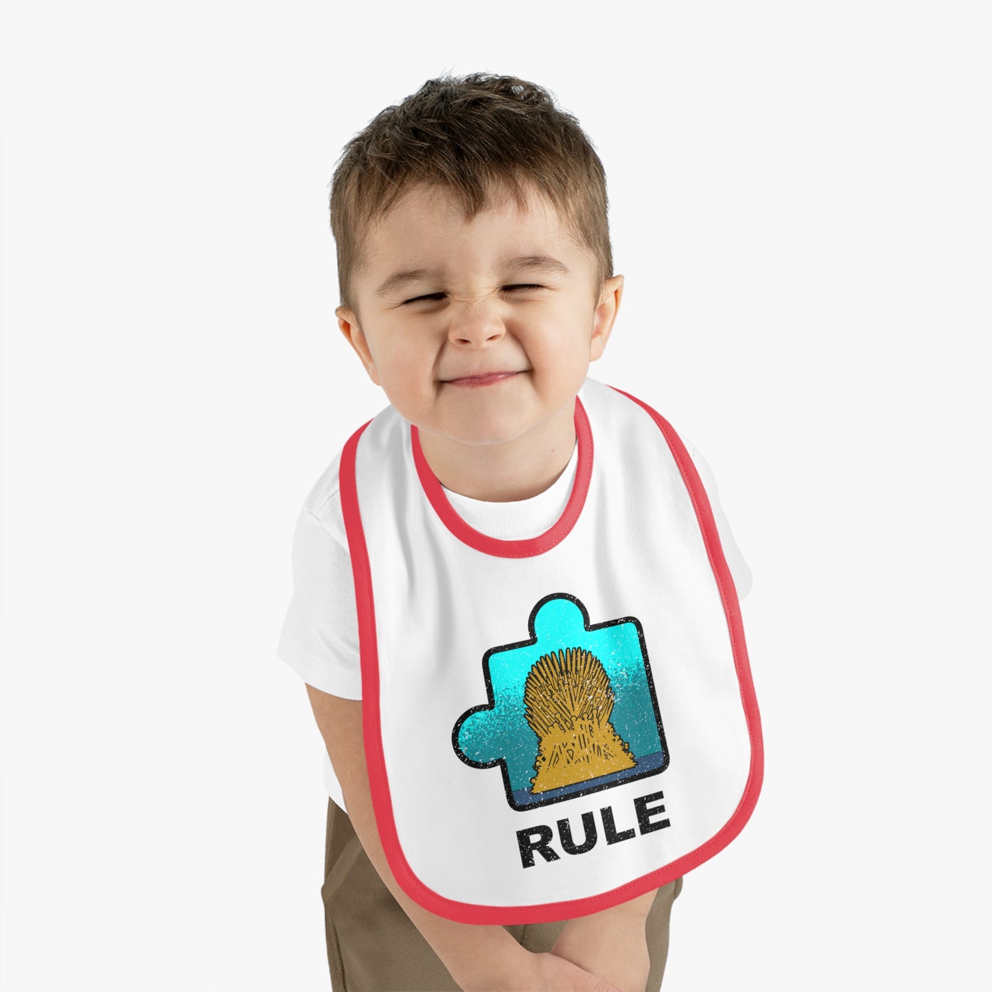 Rule Baby Bib – Puzzle Piece Design with Distressed Look – Soft Contrast Trim Jersey Bib
