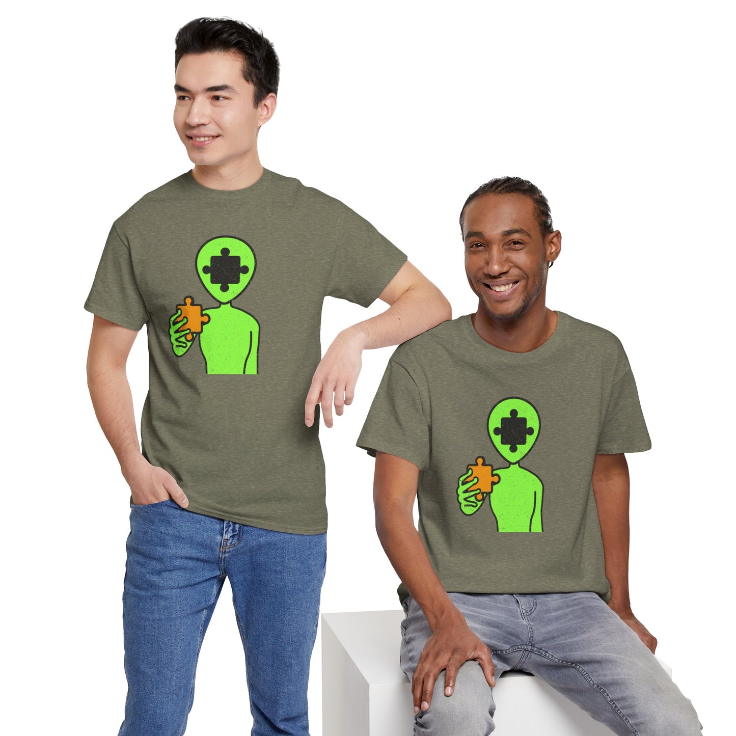 Alien Puzzle Piece T-Shirt – Distressed Cosmic Design – Unisex Heavy Cotton Shirt for Life’s Mysteries