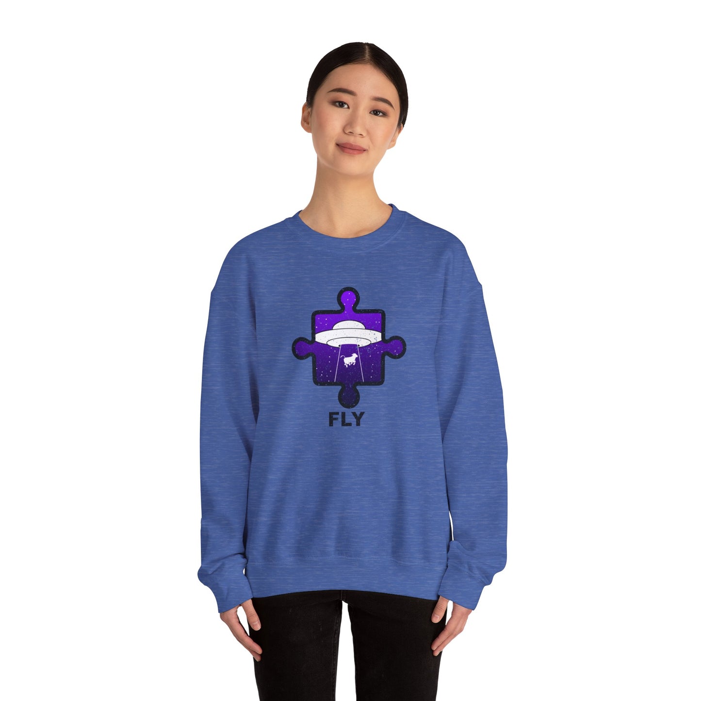 Distressed Crewneck Sweatshirt – Cow & UFO Puzzle Piece with ‘Fly’ Theme