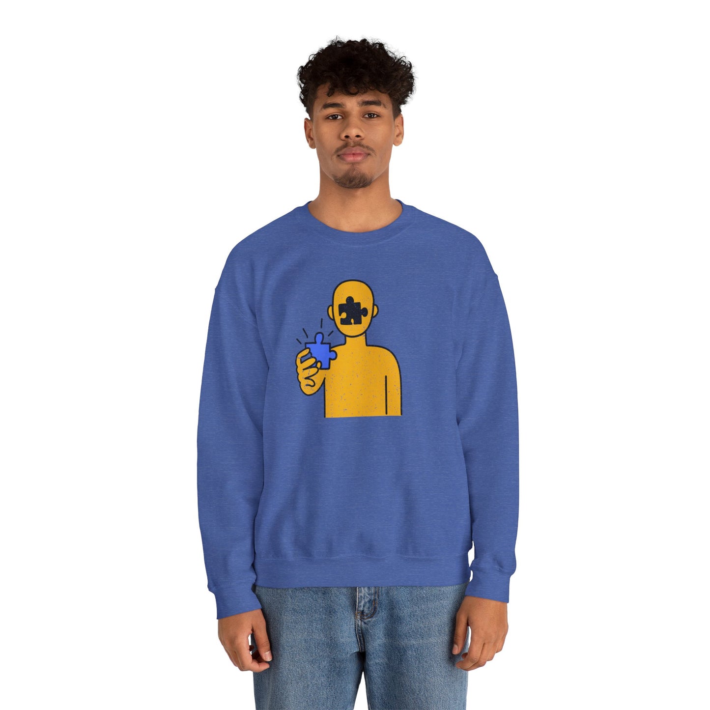 Distressed Crewneck Sweatshirt – Thoughtful Puzzle Piece Design with Human Theme