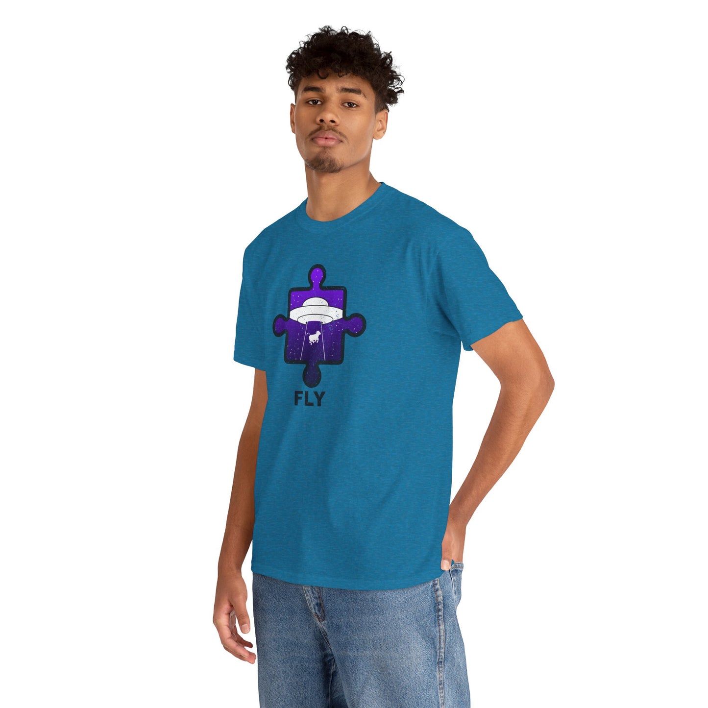 UFO Cow Abduction T-Shirt – ‘Fly’ Puzzle Piece Graphic Tee – Unisex Heavy Cotton Shirt Distressed Design