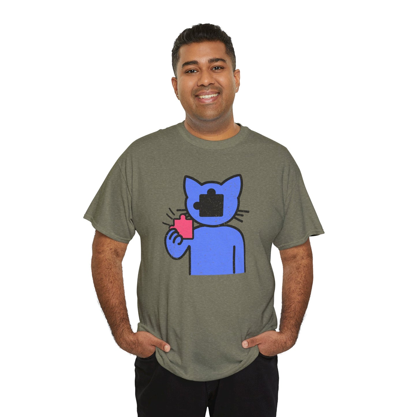 Cat Puzzle Piece T-Shirt – Life’s Epic Journey Distressed Graphic Tee – Unisex Heavy Cotton Shirt – Mix & Match to Create Your Own Unique Style