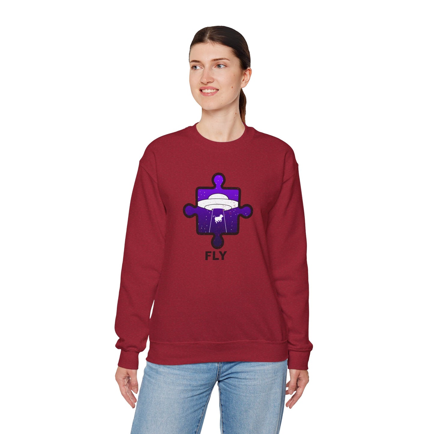 Distressed Crewneck Sweatshirt – Cow & UFO Puzzle Piece with ‘Fly’ Theme