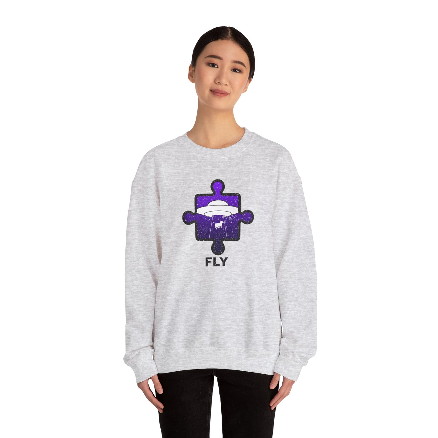 Distressed Crewneck Sweatshirt – Cow & UFO Puzzle Piece with ‘Fly’ Theme