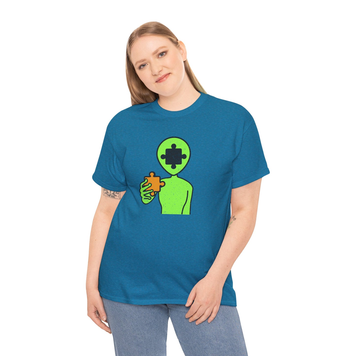 Alien Puzzle Piece T-Shirt – Distressed Cosmic Design – Unisex Heavy Cotton Shirt for Life’s Mysteries