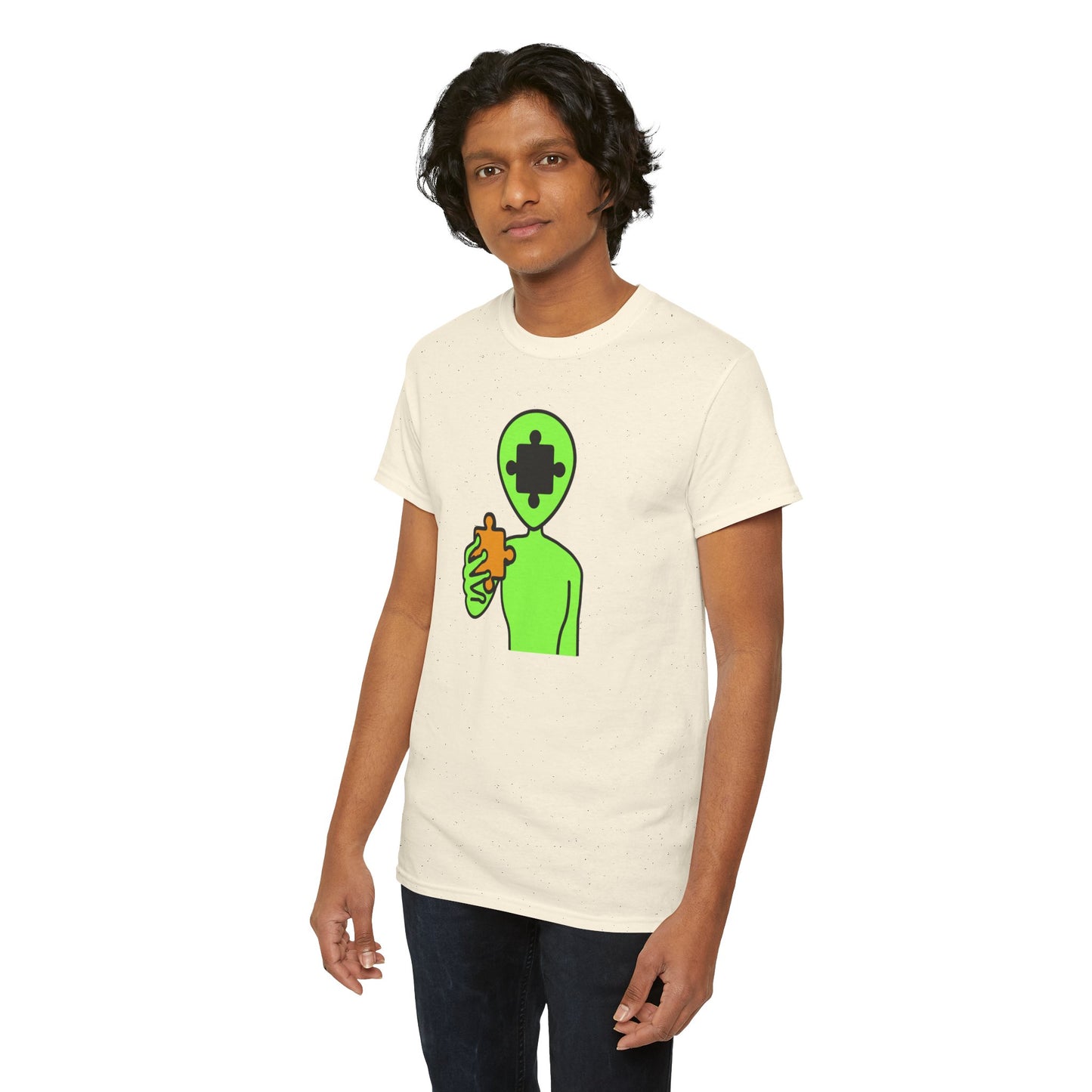 Alien Puzzle Piece T-Shirt – Clean Cosmic Design – Unisex Heavy Cotton Shirt for Life’s Mysteries