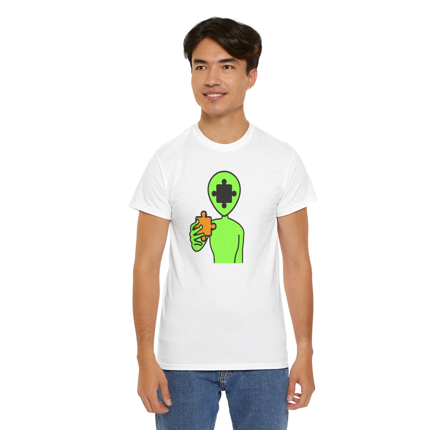 Alien Puzzle Piece T-Shirt – Clean Cosmic Design – Unisex Heavy Cotton Shirt for Life’s Mysteries