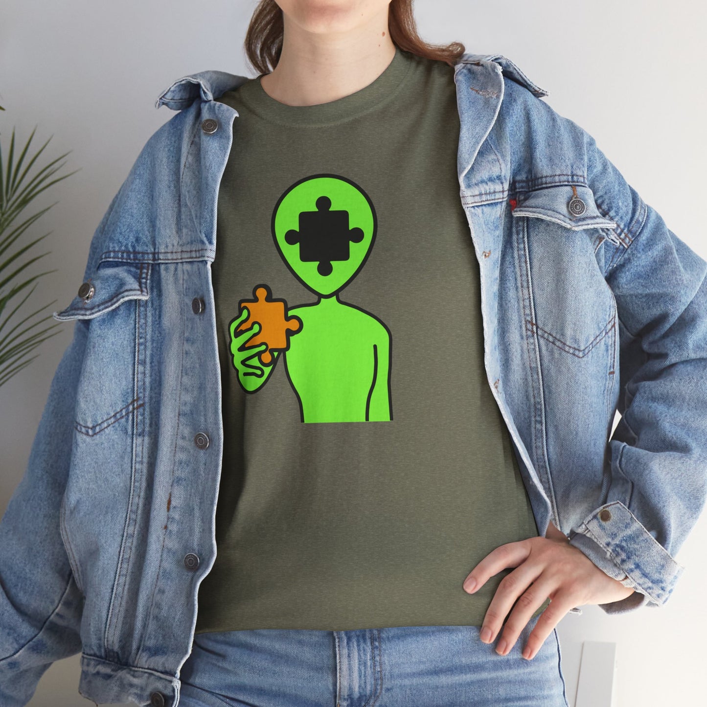 Alien Puzzle Piece T-Shirt – Clean Cosmic Design – Unisex Heavy Cotton Shirt for Life’s Mysteries