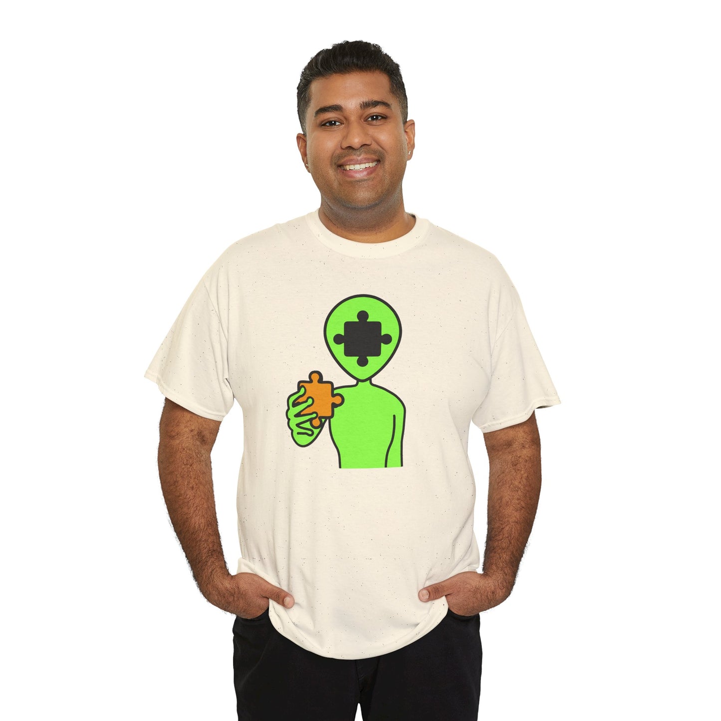 Alien Puzzle Piece T-Shirt – Clean Cosmic Design – Unisex Heavy Cotton Shirt for Life’s Mysteries