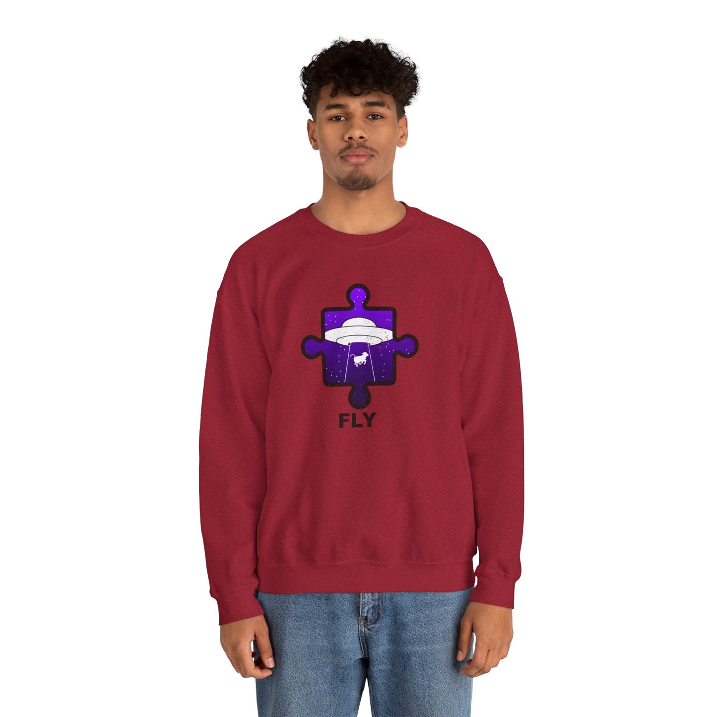 Distressed Crewneck Sweatshirt – Cow & UFO Puzzle Piece with ‘Fly’ Theme