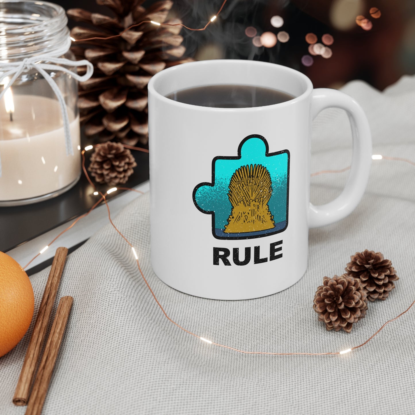 Throne Puzzle Piece Mug in Distressed Style – ‘Rule’ Graphic Ceramic Cup – 11oz