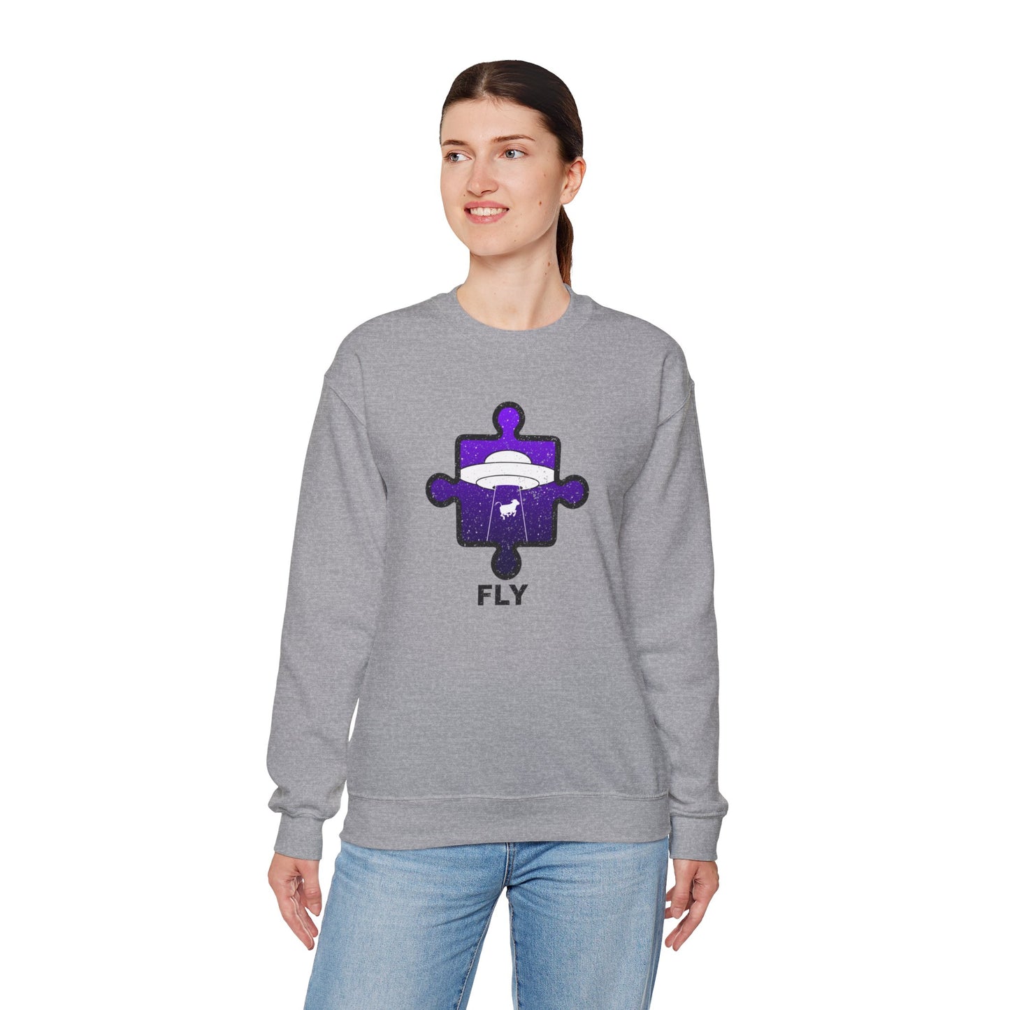 Distressed Crewneck Sweatshirt – Cow & UFO Puzzle Piece with ‘Fly’ Theme