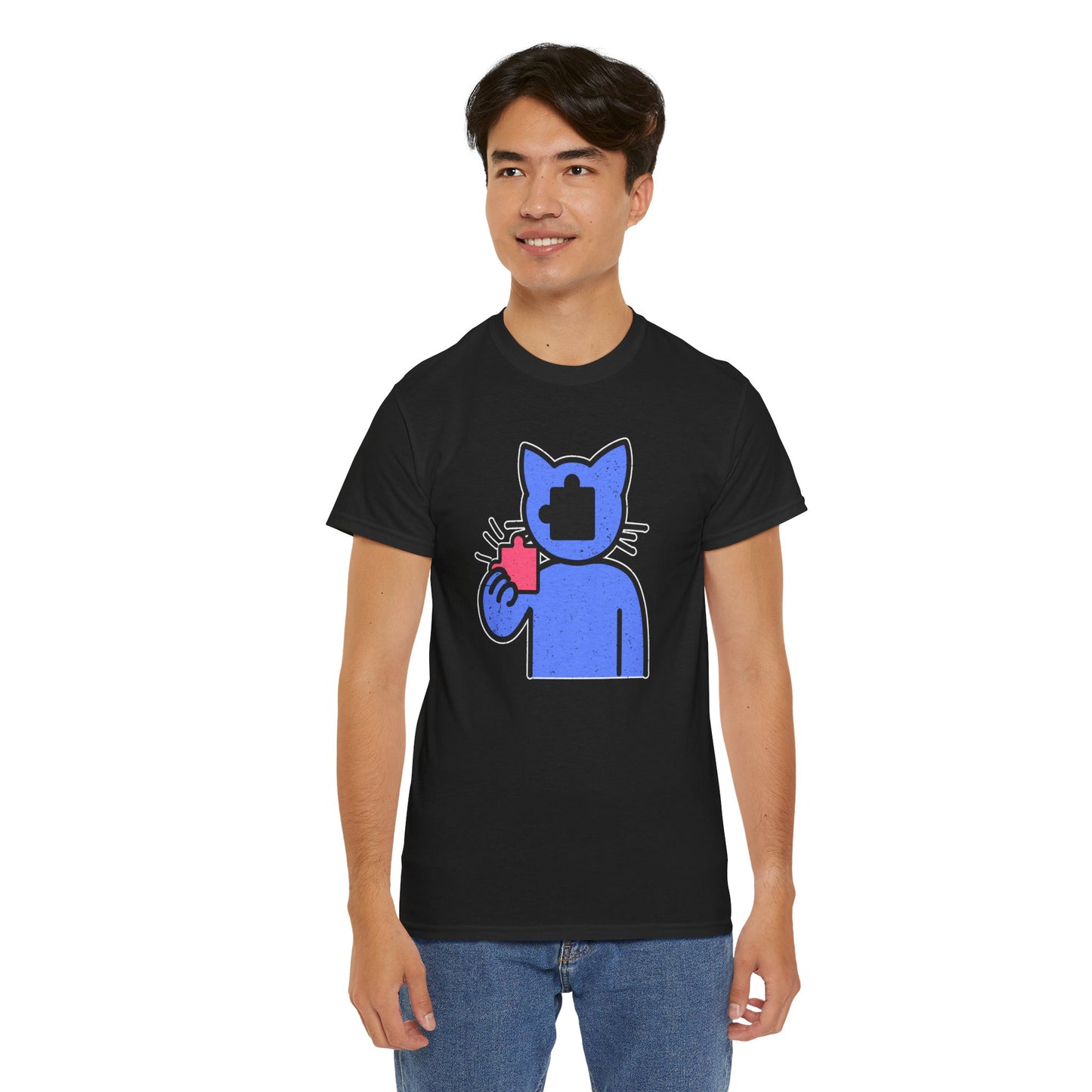 Cat Puzzle Piece T-Shirt – Life’s Epic Journey Distressed Graphic Tee – Unisex Heavy Cotton Shirt – Mix & Match to Create Your Own Unique Style