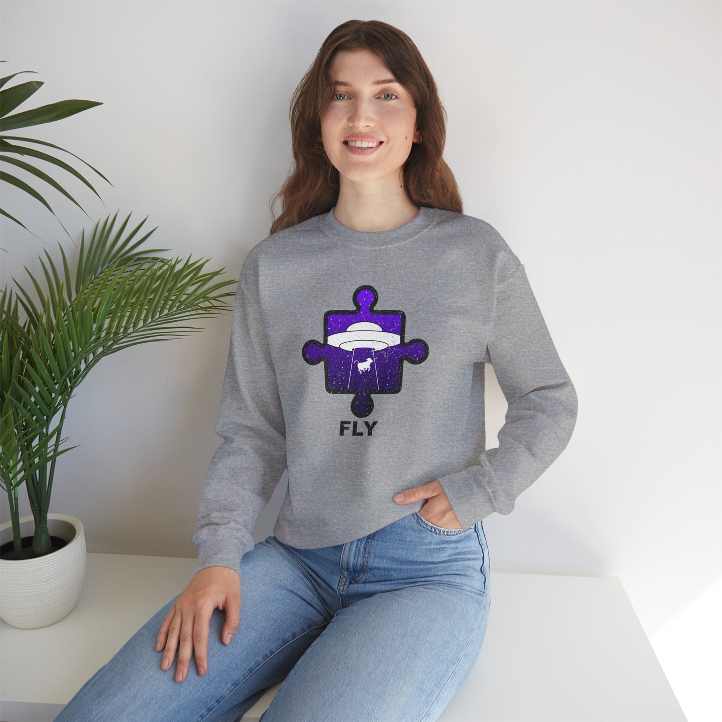 Distressed Crewneck Sweatshirt – Cow & UFO Puzzle Piece with ‘Fly’ Theme