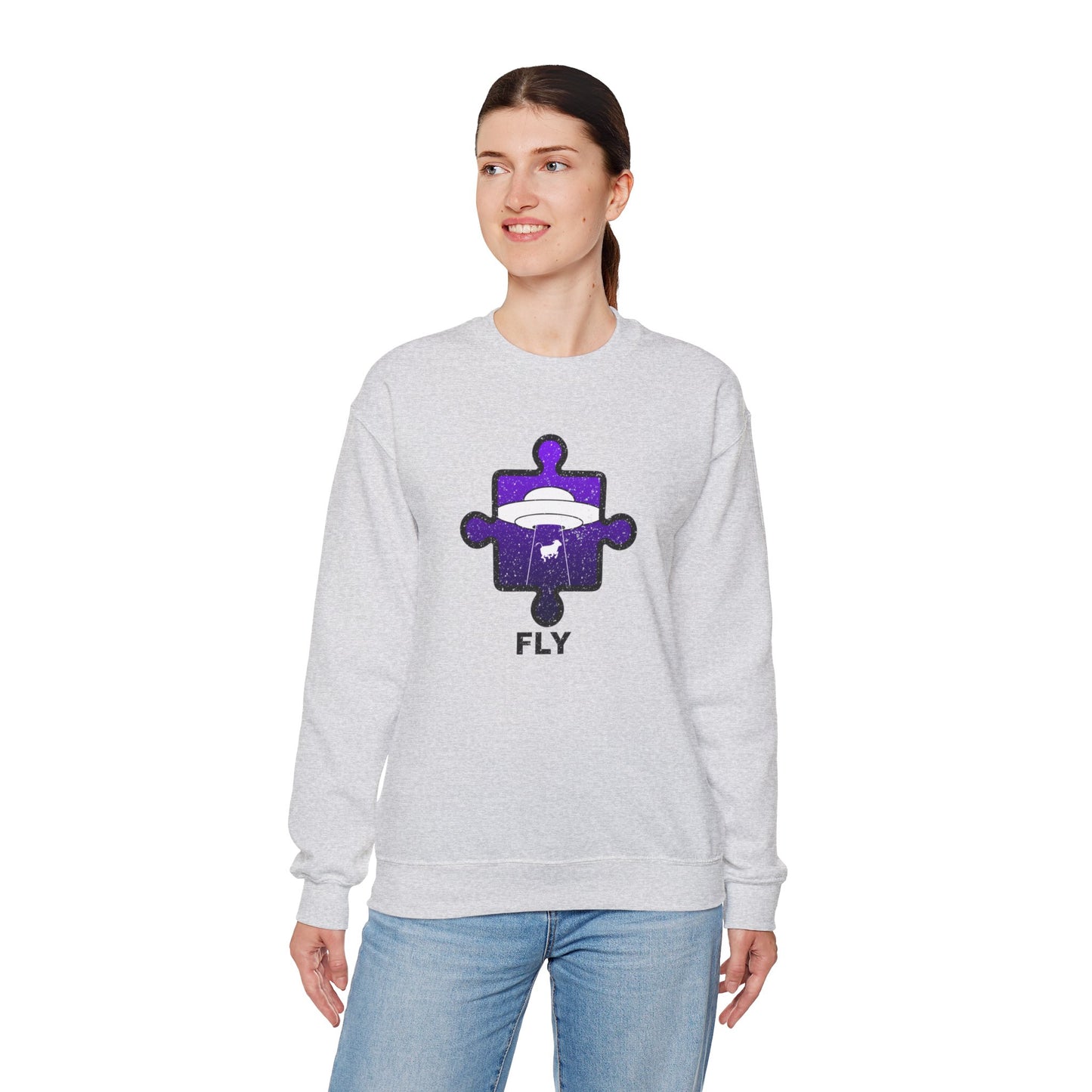 Distressed Crewneck Sweatshirt – Cow & UFO Puzzle Piece with ‘Fly’ Theme