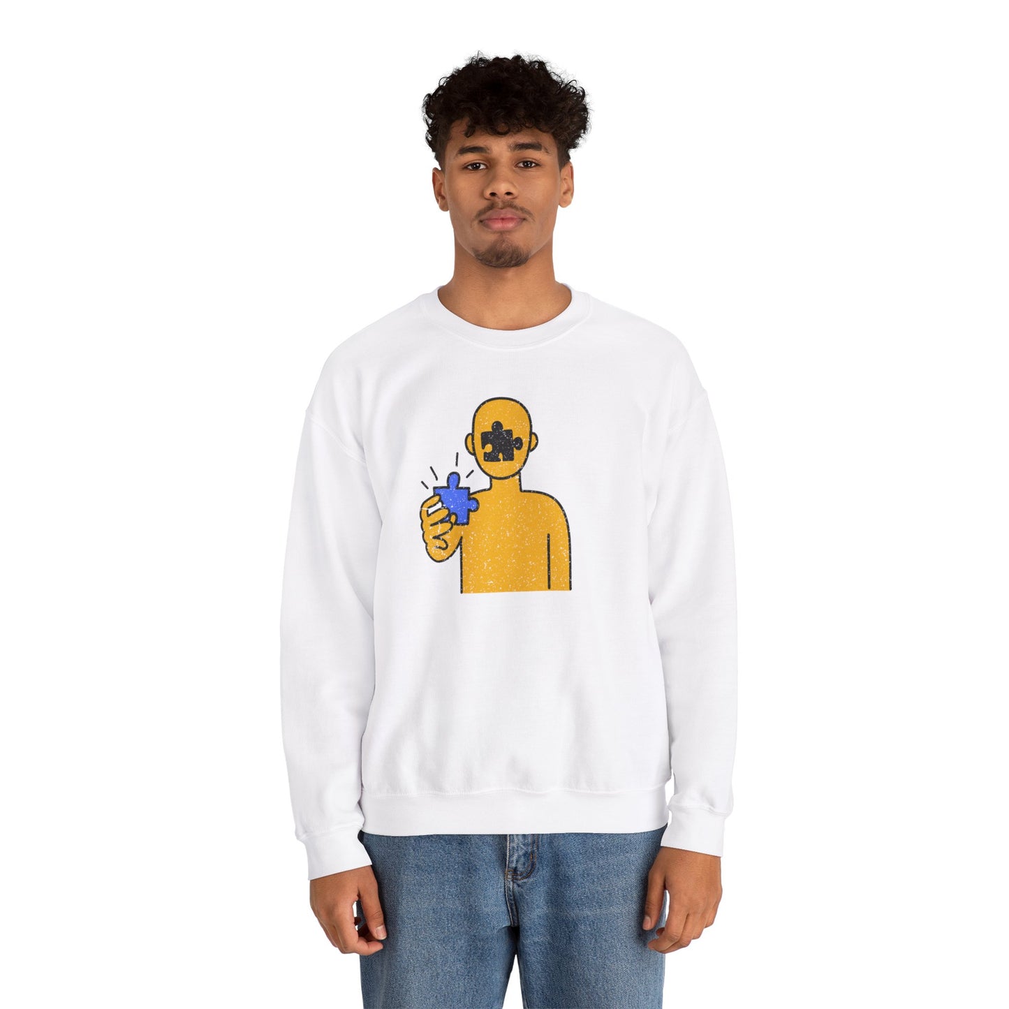 Distressed Crewneck Sweatshirt – Thoughtful Puzzle Piece Design with Human Theme