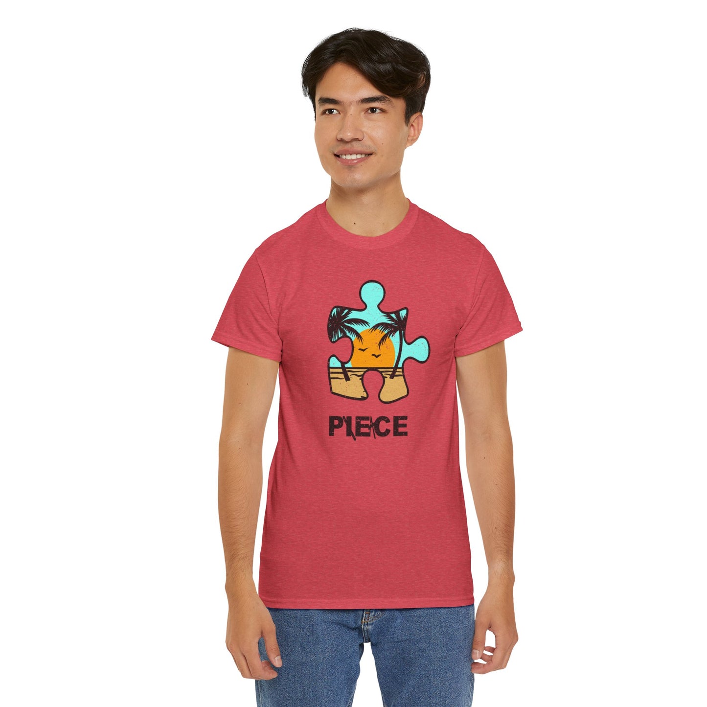 Peace Puzzle Piece T-Shirt – Distressed Beach Graphic Tee – Unisex Heavy Cotton Shirt for Tranquil Vibes