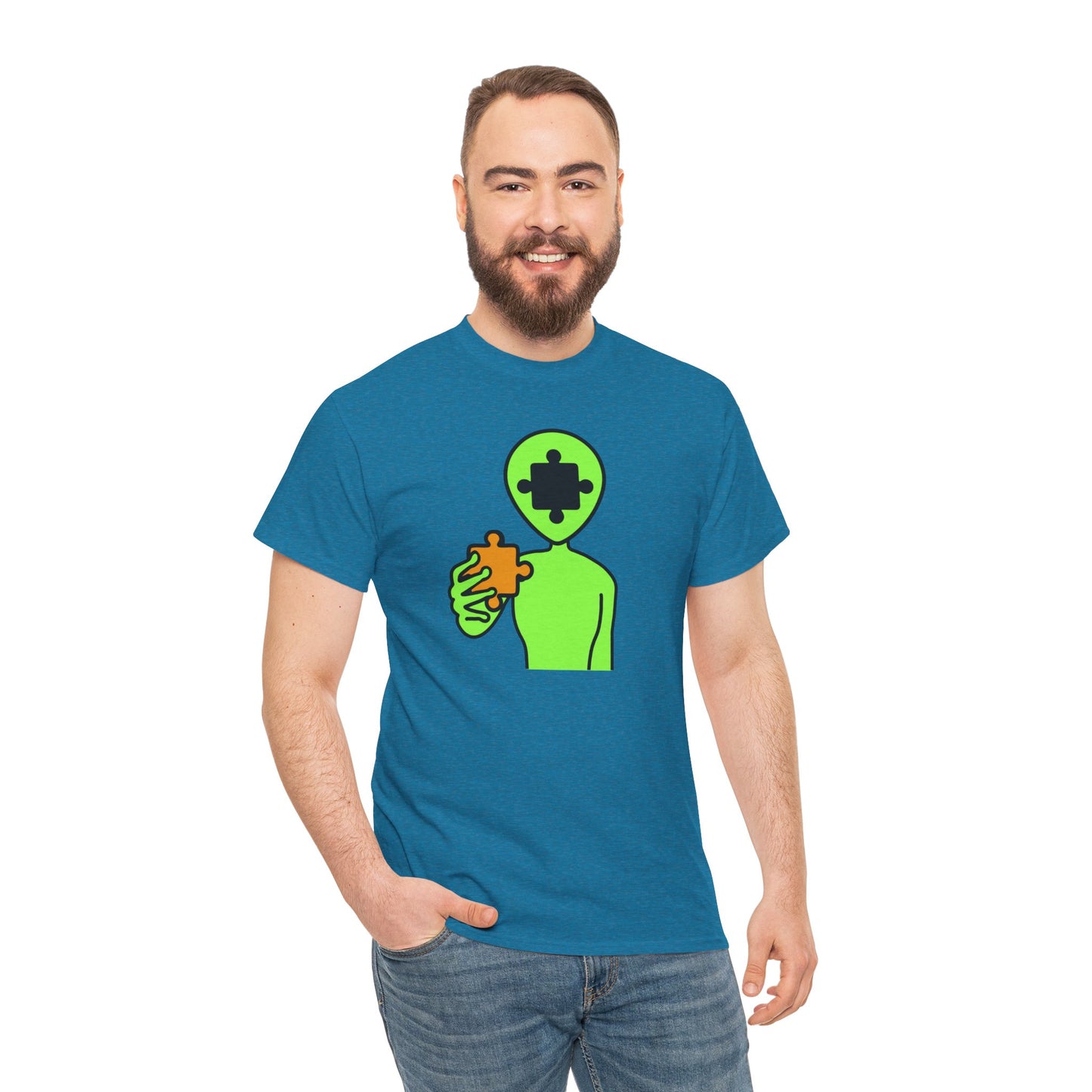 Alien Puzzle Piece T-Shirt – Clean Cosmic Design – Unisex Heavy Cotton Shirt for Life’s Mysteries