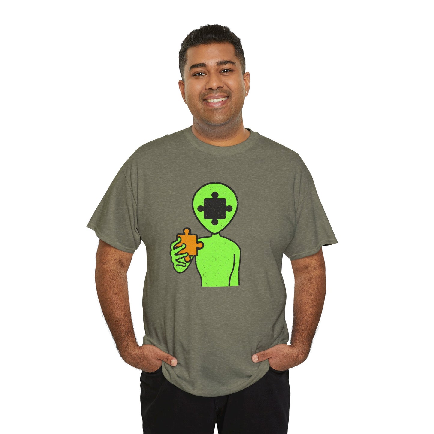 Alien Puzzle Piece T-Shirt – Distressed Cosmic Design – Unisex Heavy Cotton Shirt for Life’s Mysteries