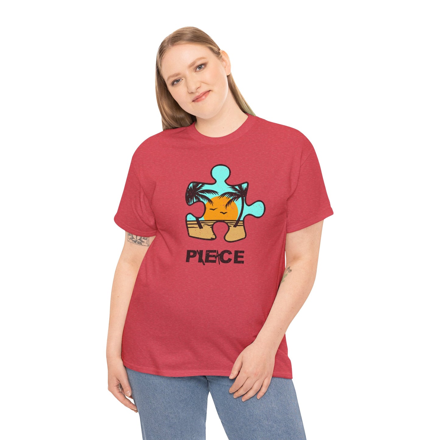 Peace Puzzle Piece T-Shirt – Distressed Beach Graphic Tee – Unisex Heavy Cotton Shirt for Tranquil Vibes