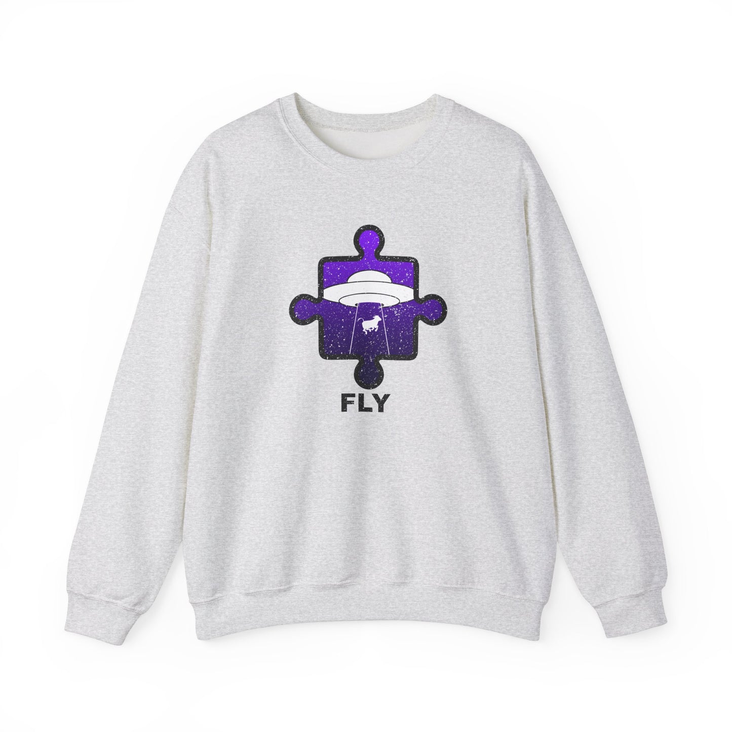 Distressed Crewneck Sweatshirt – Cow & UFO Puzzle Piece with ‘Fly’ Theme