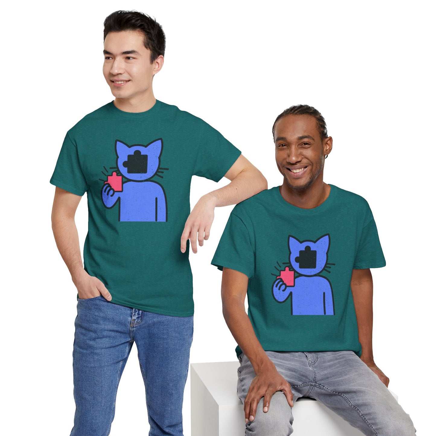 Cat Puzzle Piece T-Shirt – Life’s Epic Journey Distressed Graphic Tee – Unisex Heavy Cotton Shirt – Mix & Match to Create Your Own Unique Style