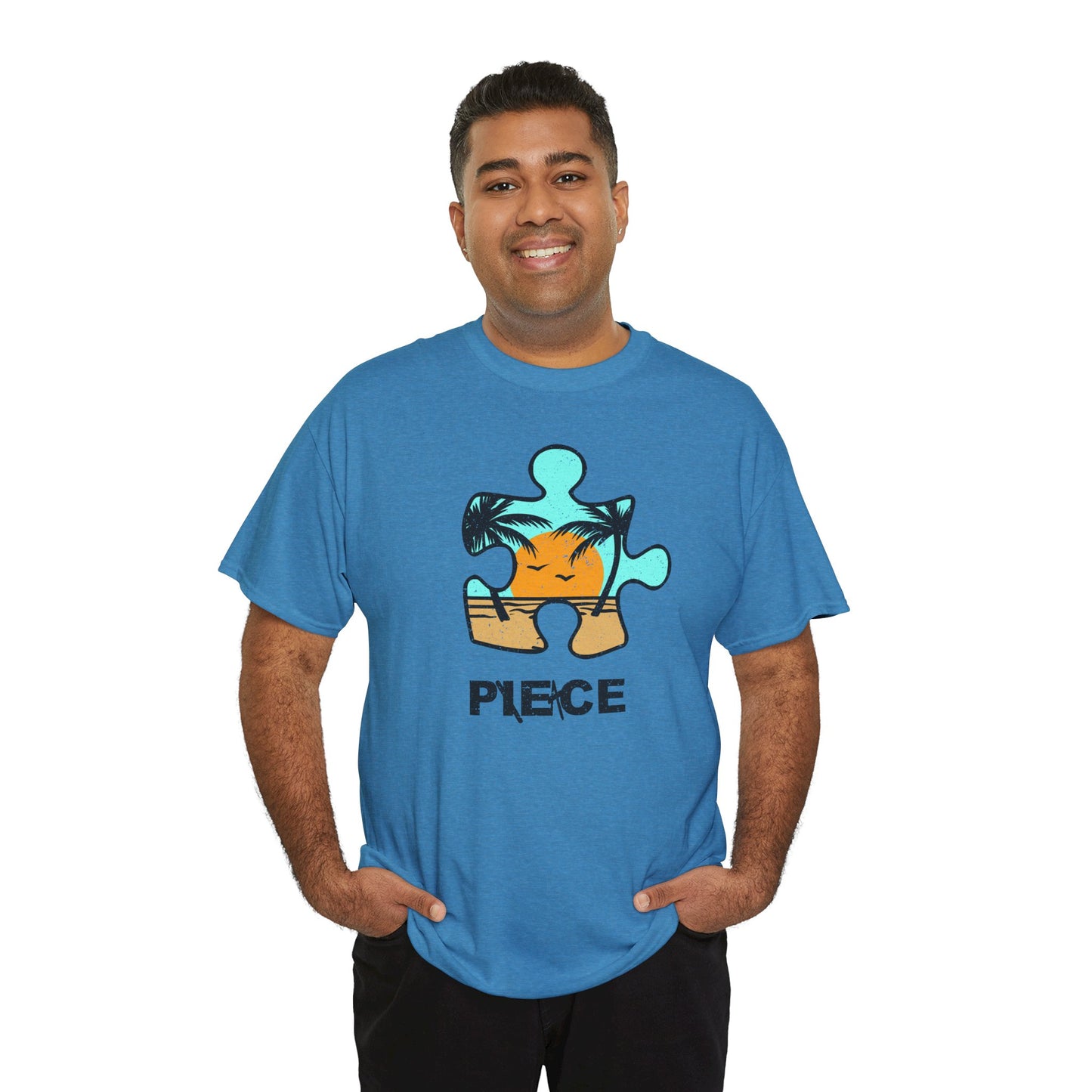 Peace Puzzle Piece T-Shirt – Distressed Beach Graphic Tee – Unisex Heavy Cotton Shirt for Tranquil Vibes