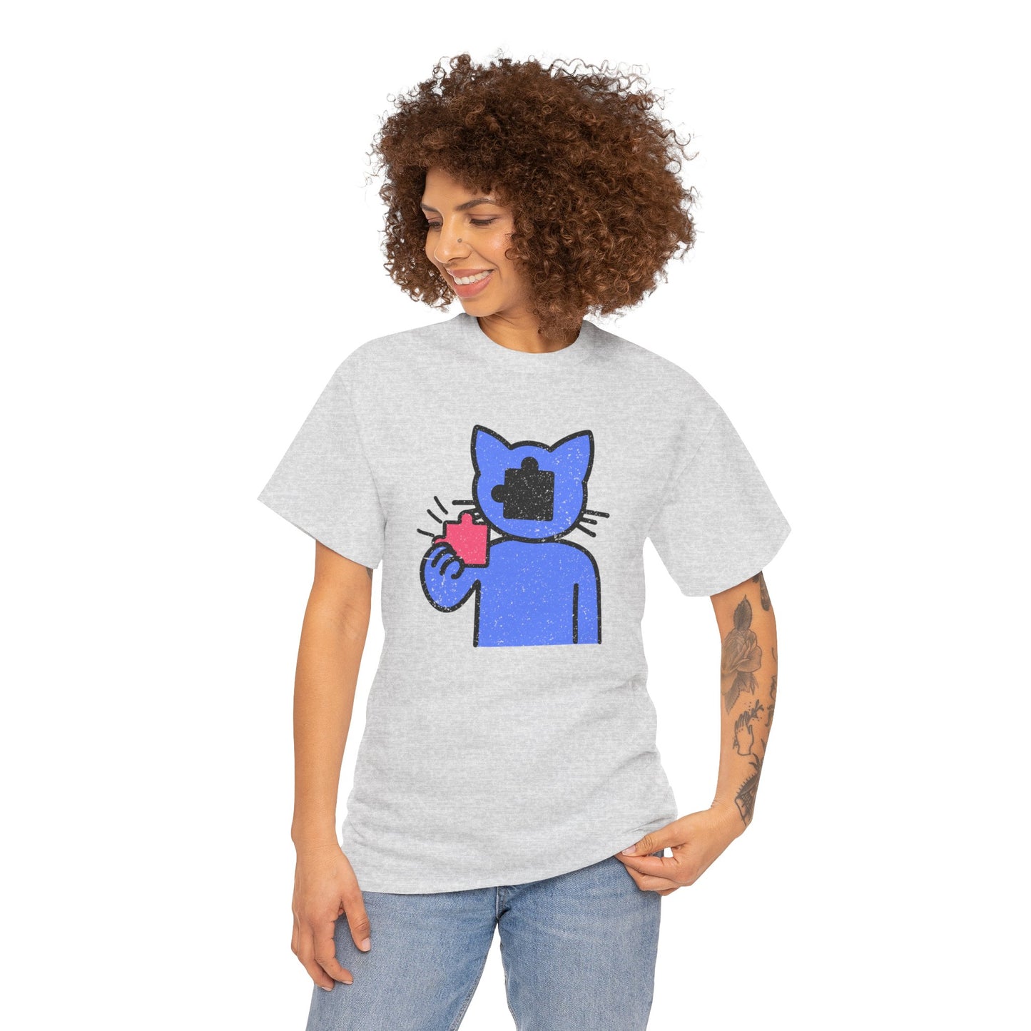 Cat Puzzle Piece T-Shirt – Life’s Epic Journey Distressed Graphic Tee – Unisex Heavy Cotton Shirt – Mix & Match to Create Your Own Unique Style