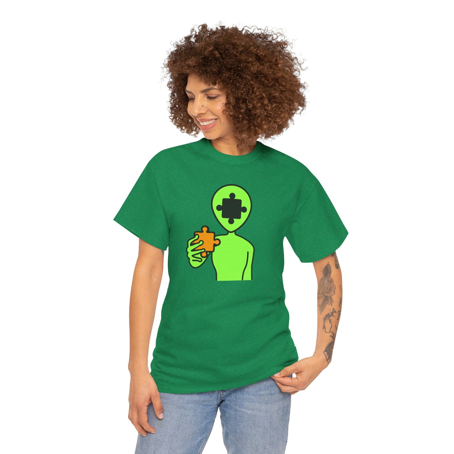 Alien Puzzle Piece T-Shirt – Clean Cosmic Design – Unisex Heavy Cotton Shirt for Life’s Mysteries