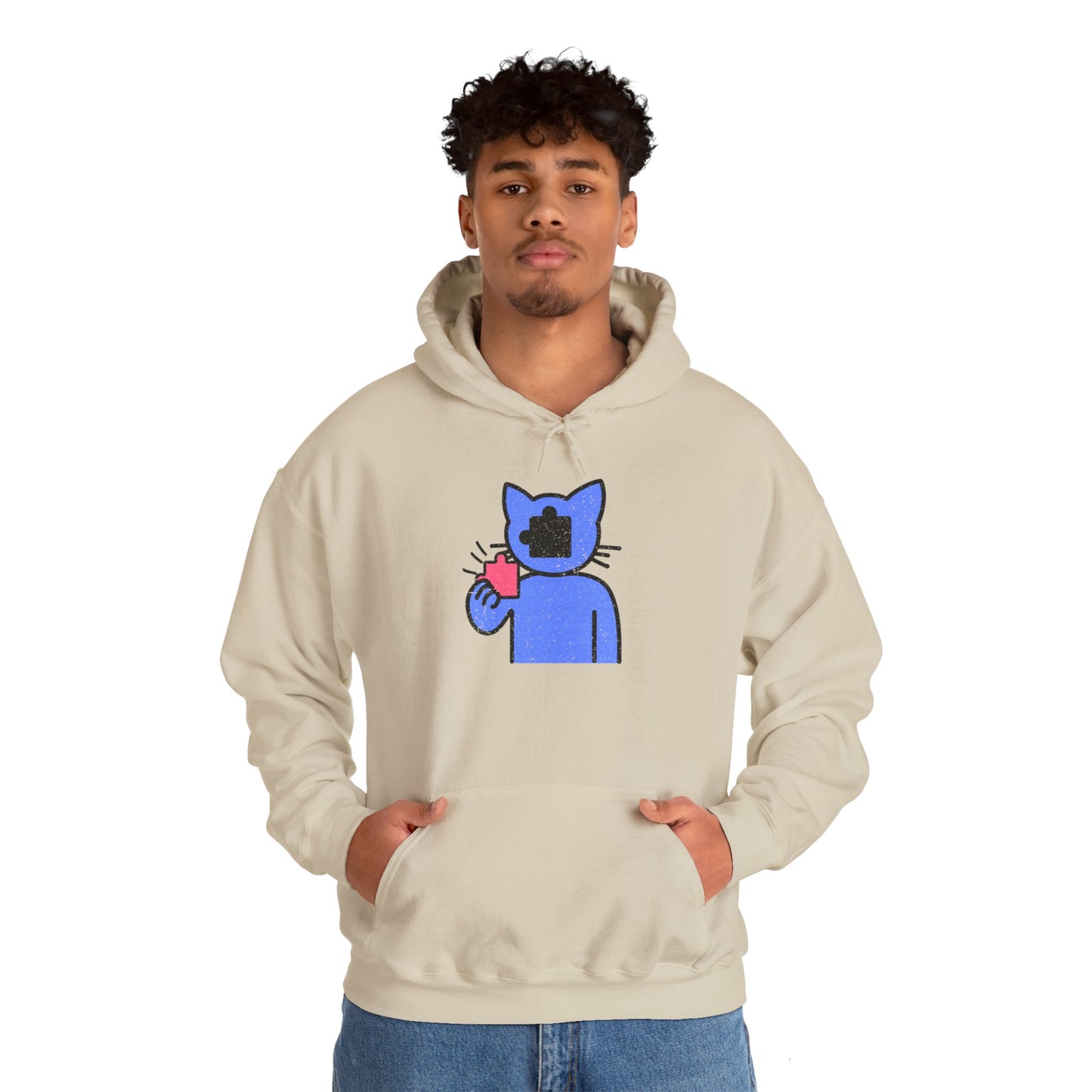 Cat Puzzle Piece Hoodie – Distressed Graphic Pullover – Cozy Unisex Hooded Sweatshirt for Puzzle Lovers