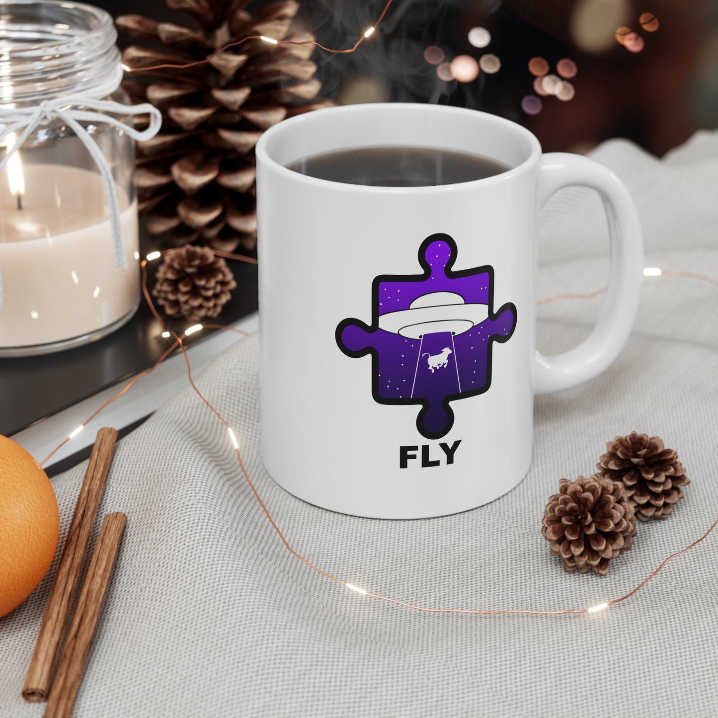 UFO Cow Abduction Mug – ‘Fly’ Puzzle Piece Graphic – 11oz Ceramic Cup