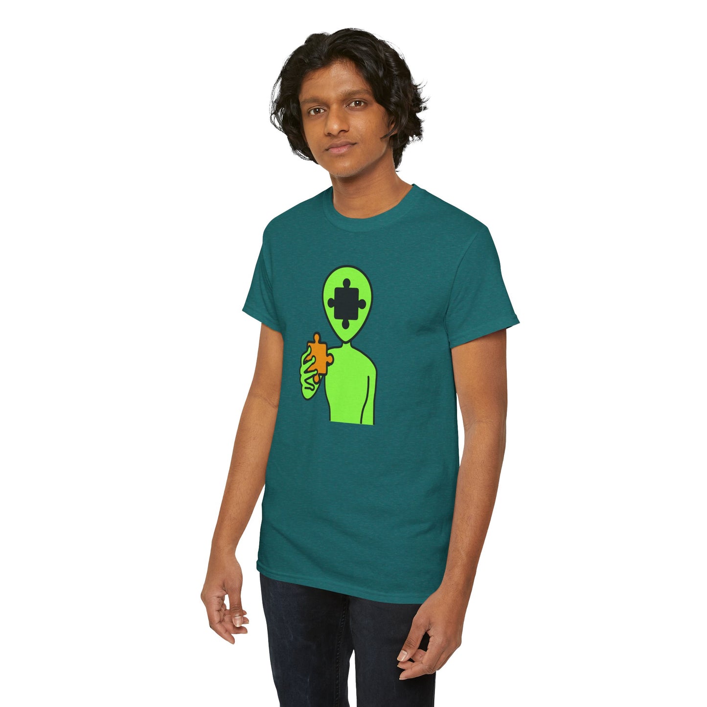 Alien Puzzle Piece T-Shirt – Clean Cosmic Design – Unisex Heavy Cotton Shirt for Life’s Mysteries