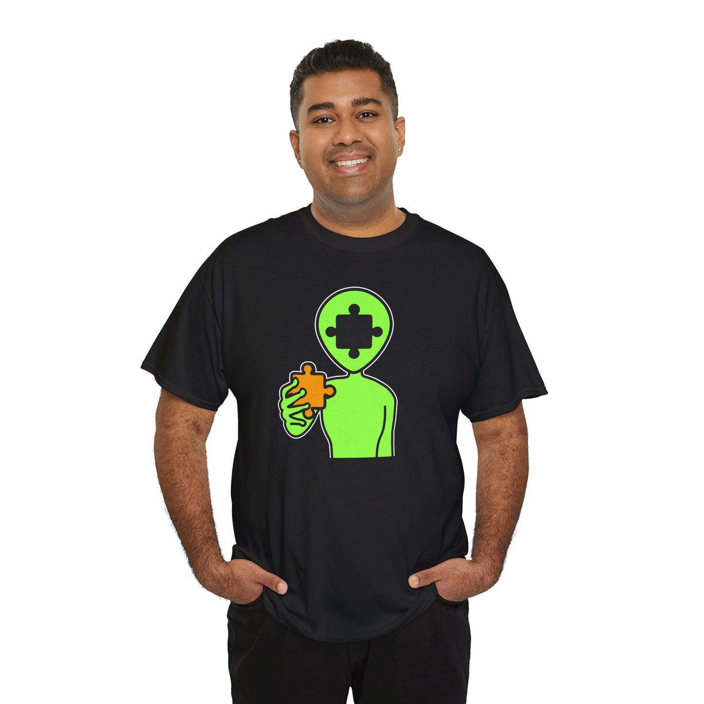 Alien Puzzle Piece T-Shirt – Clean Cosmic Design – Unisex Heavy Cotton Shirt for Life’s Mysteries