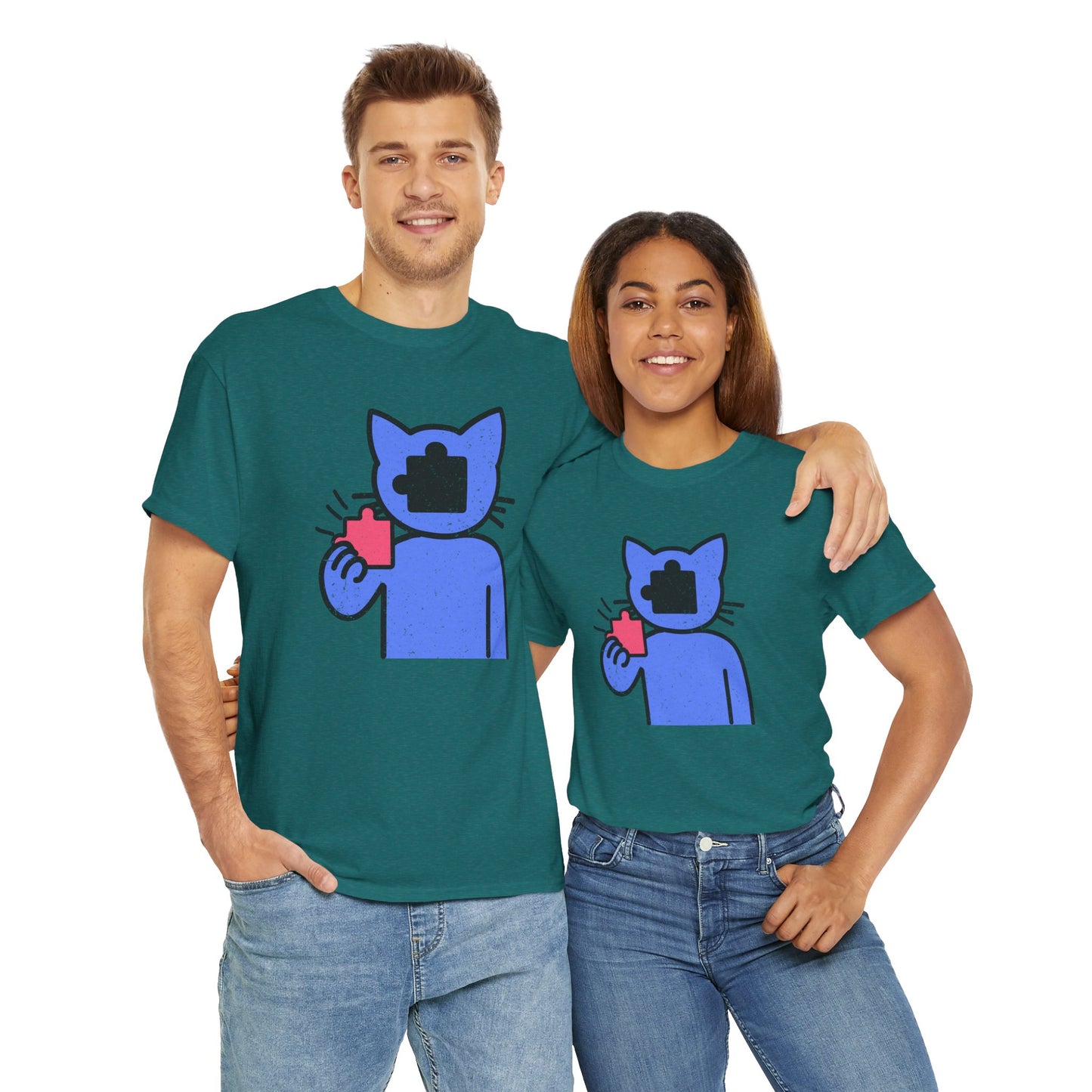 Cat Puzzle Piece T-Shirt – Life’s Epic Journey Distressed Graphic Tee – Unisex Heavy Cotton Shirt – Mix & Match to Create Your Own Unique Style