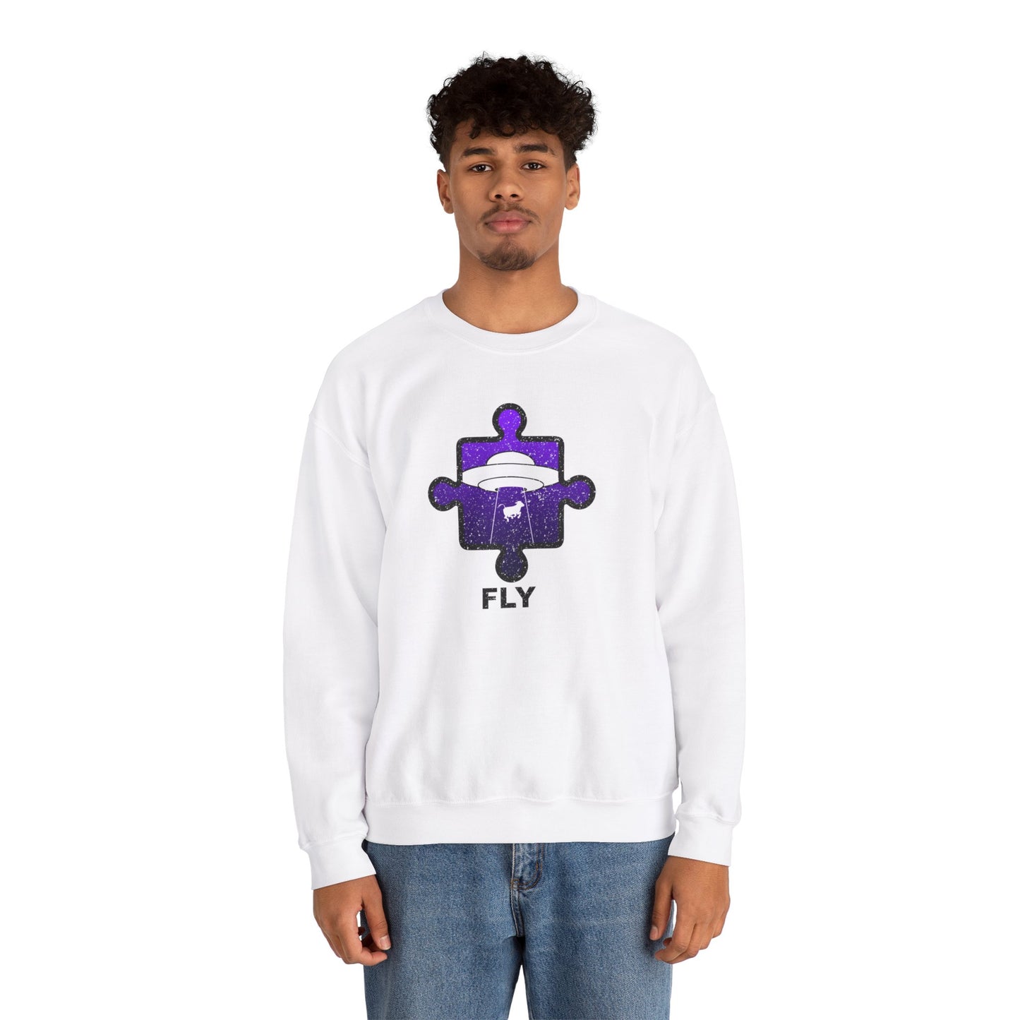 Distressed Crewneck Sweatshirt – Cow & UFO Puzzle Piece with ‘Fly’ Theme