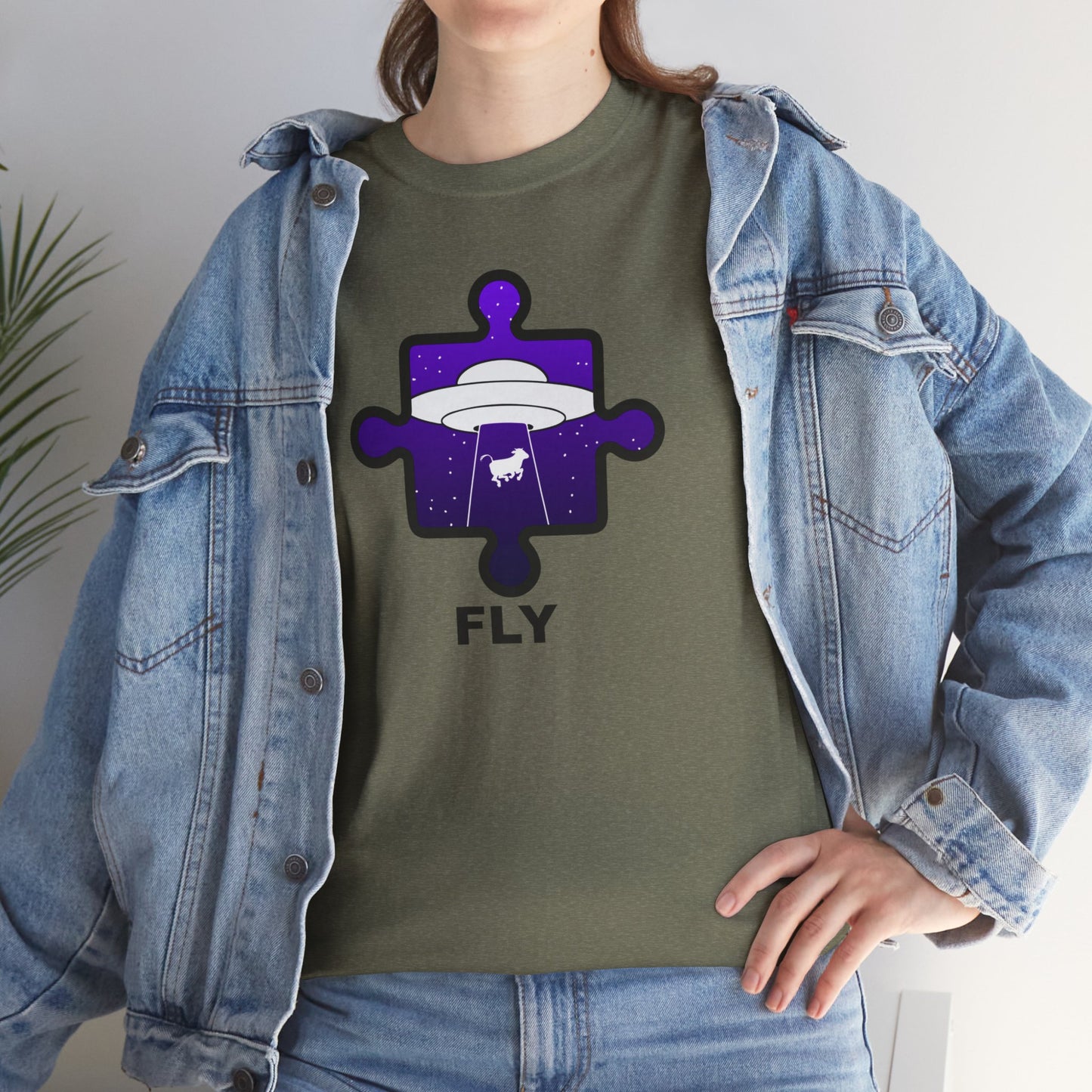 UFO Cow Abduction Puzzle Piece T-Shirt – ‘Fly’ Graphic Tee – Non-Distressed Design