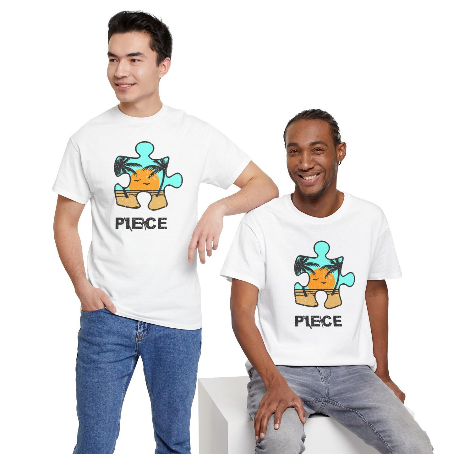 Peace Puzzle Piece T-Shirt – Distressed Beach Graphic Tee – Unisex Heavy Cotton Shirt for Tranquil Vibes