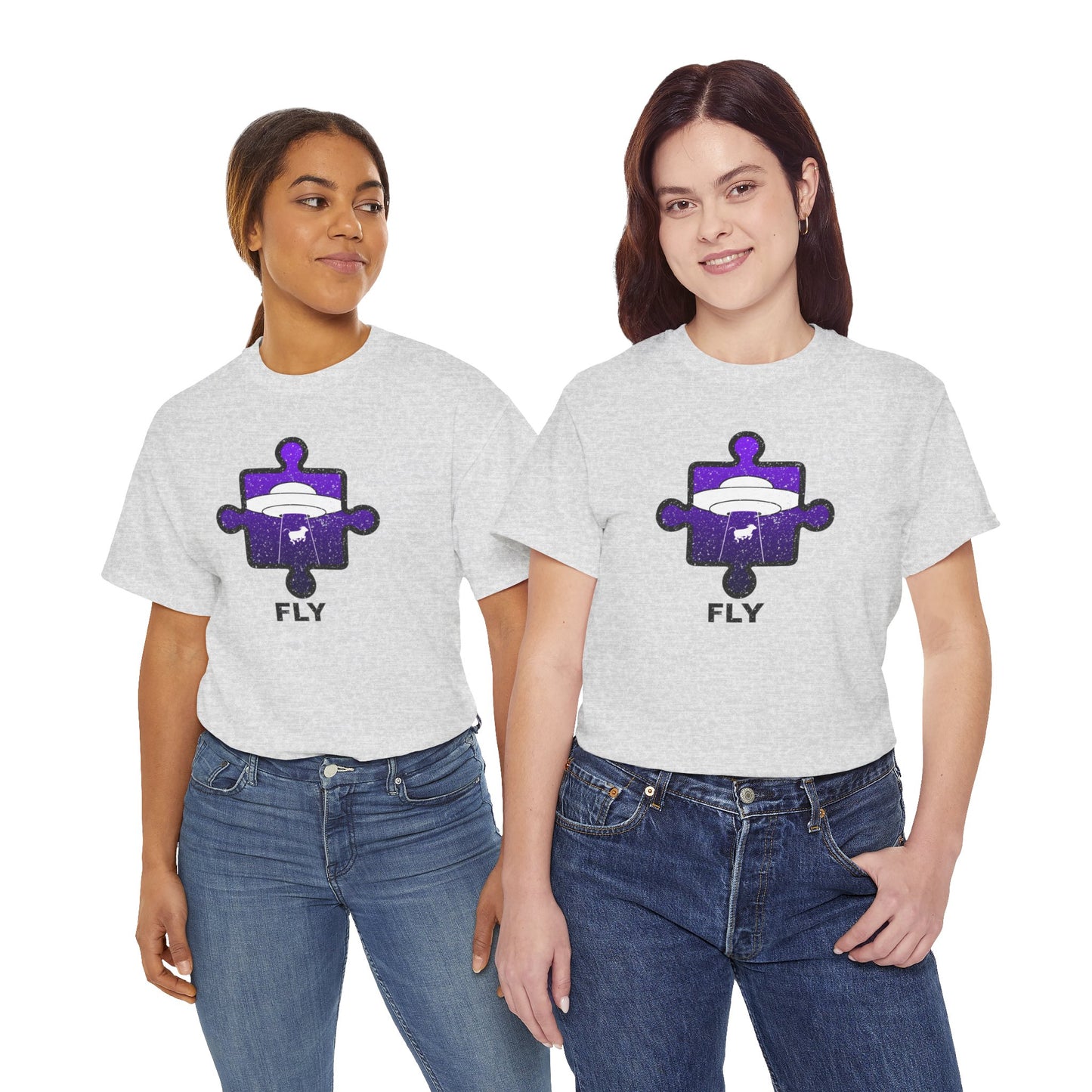 UFO Cow Abduction T-Shirt – ‘Fly’ Puzzle Piece Graphic Tee – Unisex Heavy Cotton Shirt Distressed Design