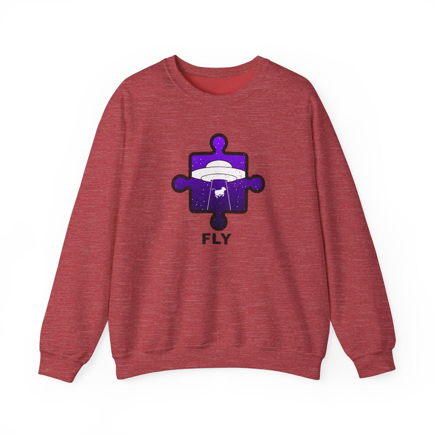 Distressed Crewneck Sweatshirt – Cow & UFO Puzzle Piece with ‘Fly’ Theme