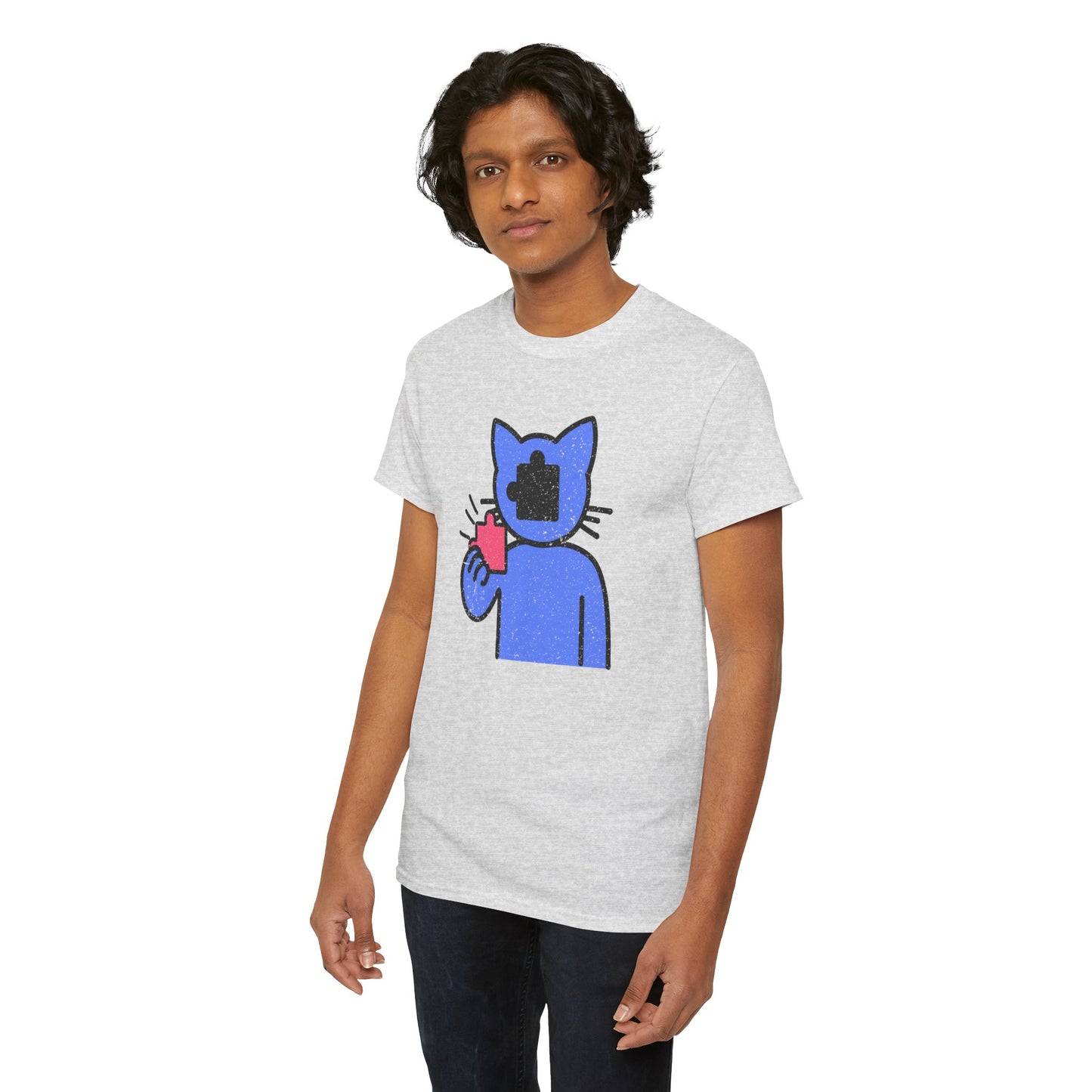 Cat Puzzle Piece T-Shirt – Life’s Epic Journey Distressed Graphic Tee – Unisex Heavy Cotton Shirt – Mix & Match to Create Your Own Unique Style