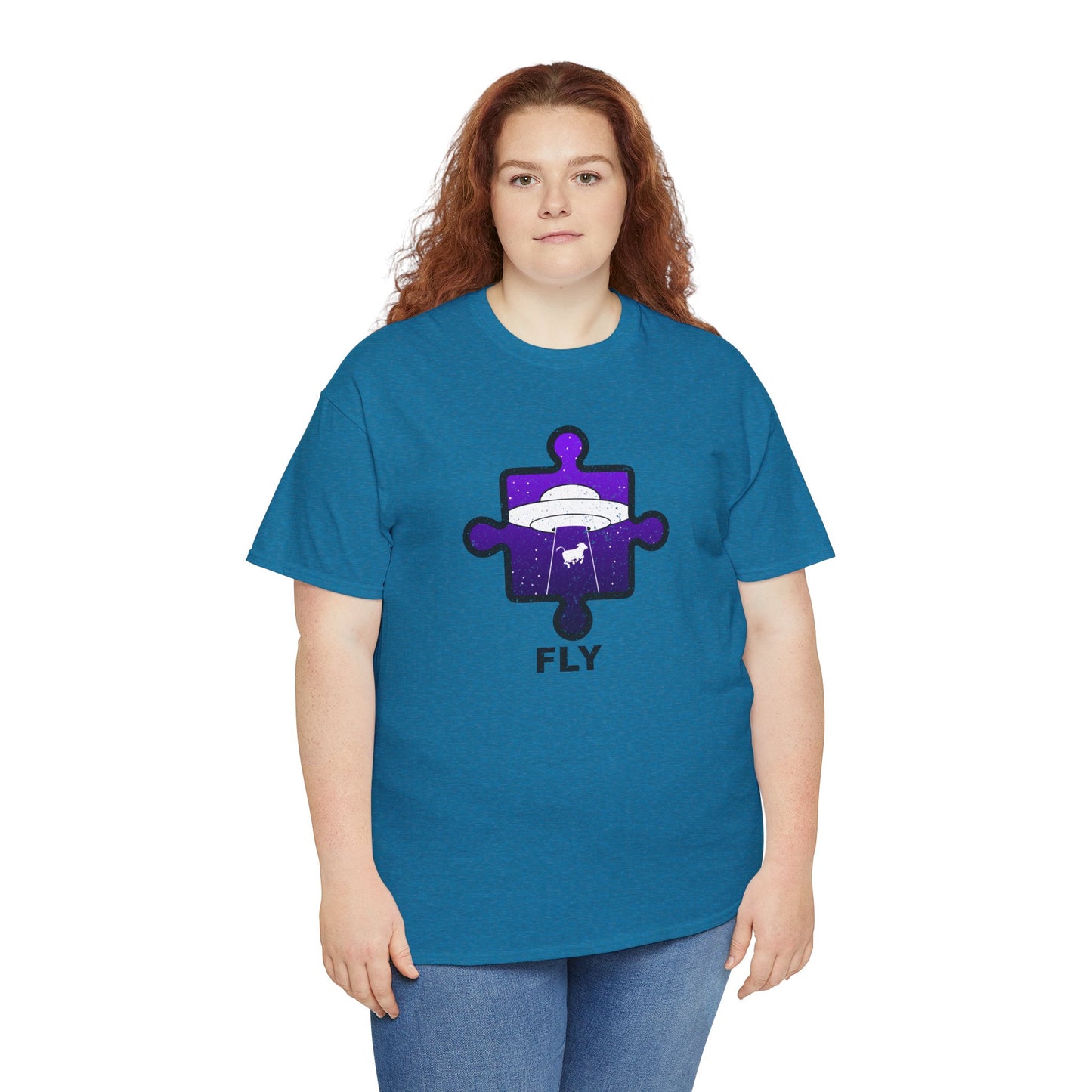 UFO Cow Abduction T-Shirt – ‘Fly’ Puzzle Piece Graphic Tee – Unisex Heavy Cotton Shirt Distressed Design