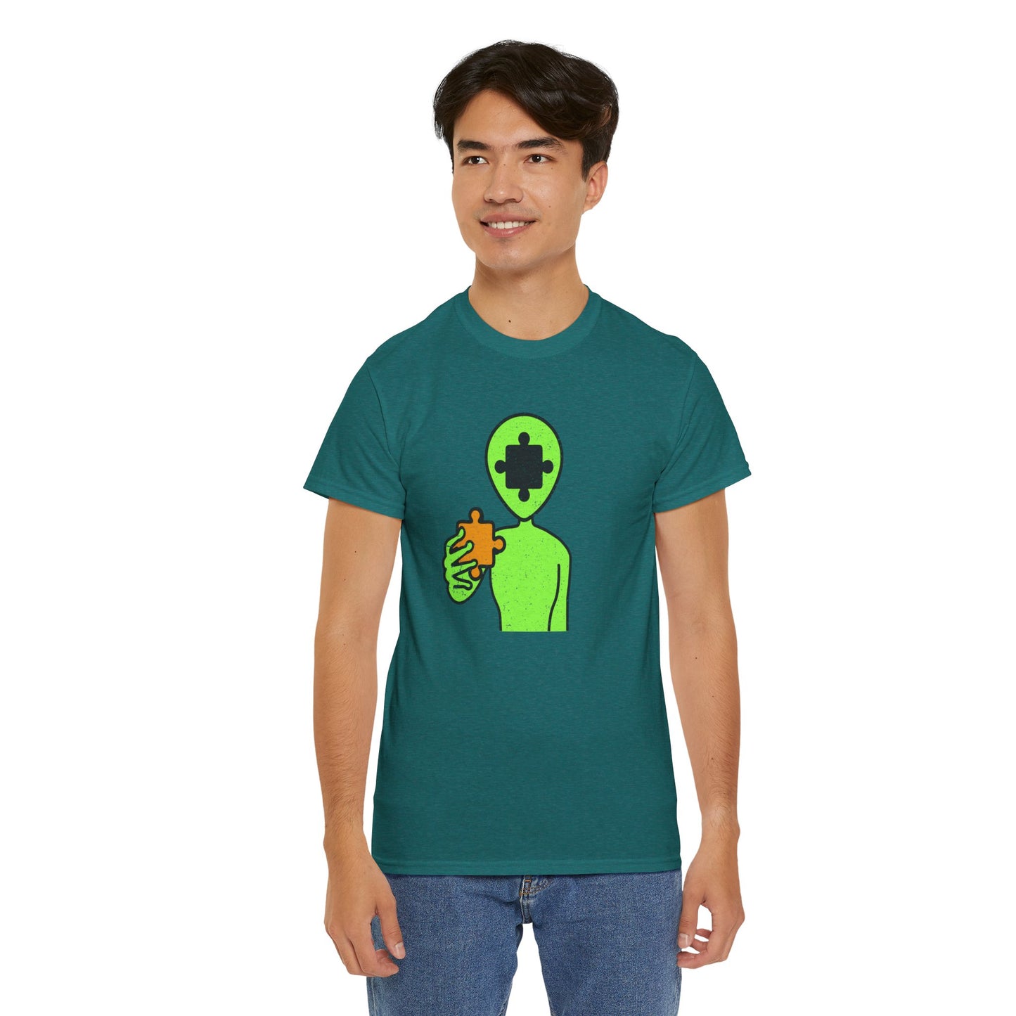 Alien Puzzle Piece T-Shirt – Distressed Cosmic Design – Unisex Heavy Cotton Shirt for Life’s Mysteries