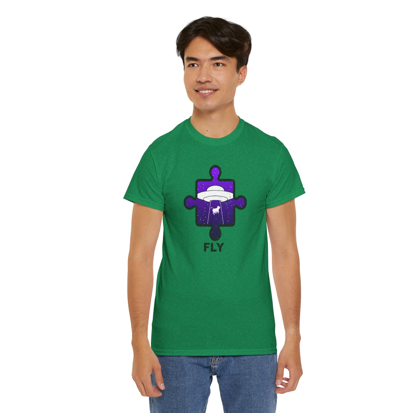 UFO Cow Abduction T-Shirt – ‘Fly’ Puzzle Piece Graphic Tee – Unisex Heavy Cotton Shirt Distressed Design