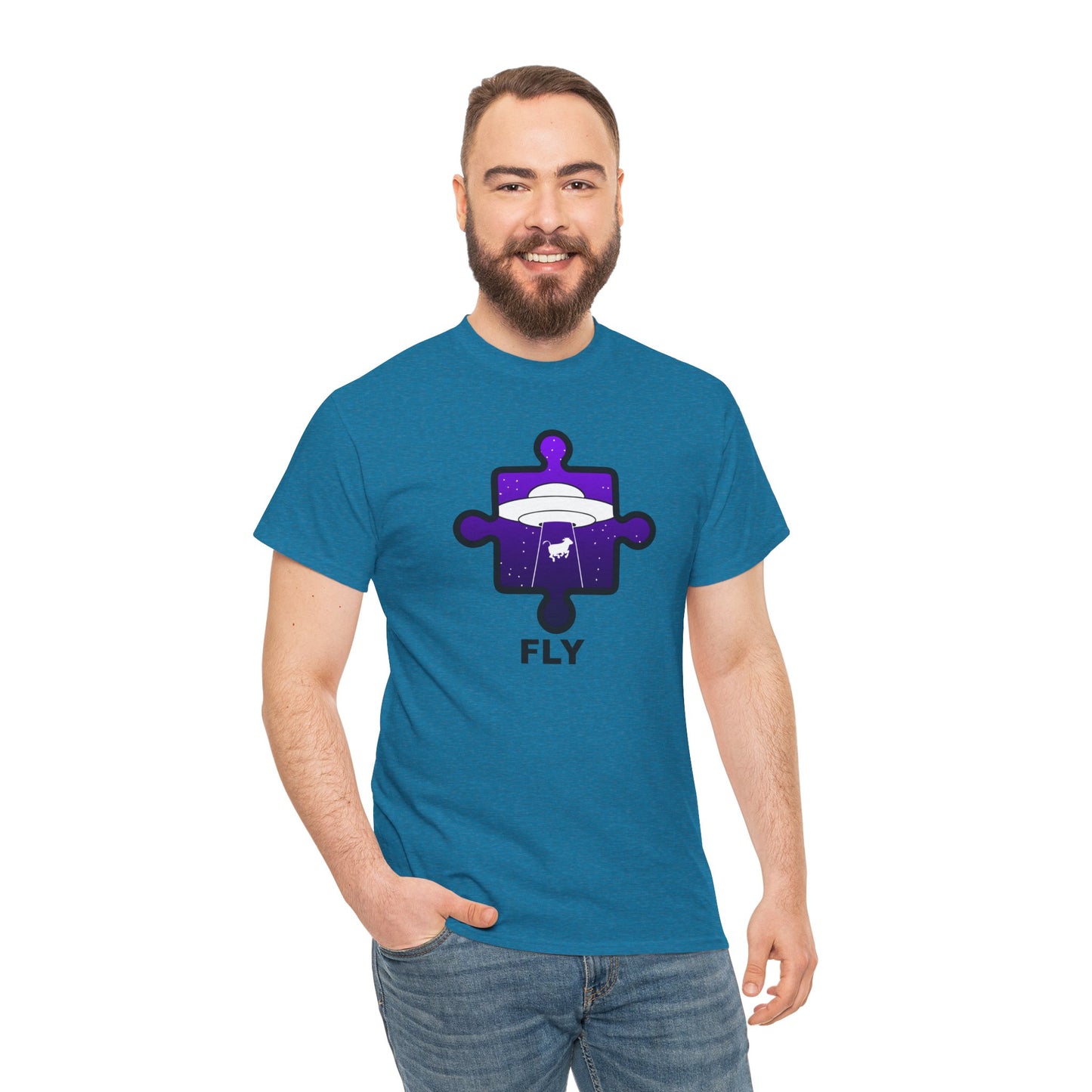 UFO Cow Abduction Puzzle Piece T-Shirt – ‘Fly’ Graphic Tee – Non-Distressed Design