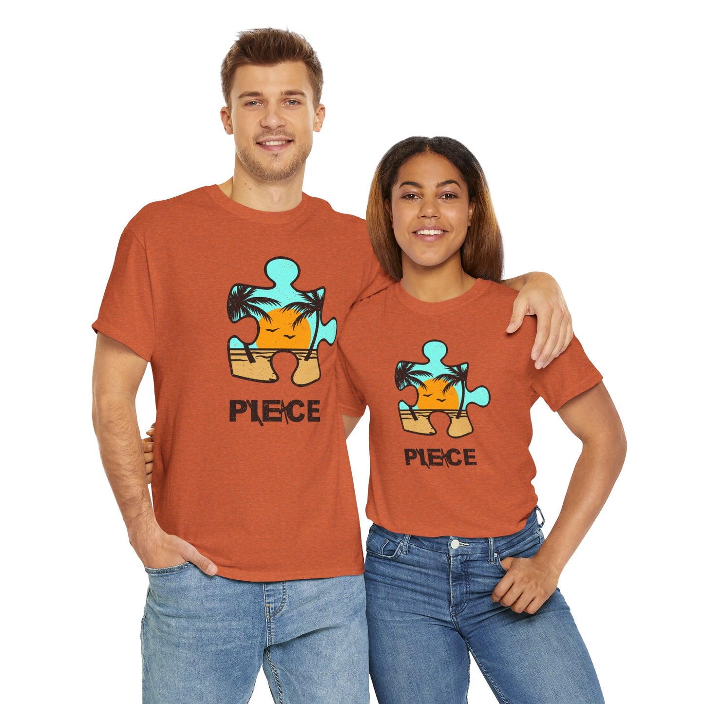 Peace Puzzle Piece T-Shirt – Distressed Beach Graphic Tee – Unisex Heavy Cotton Shirt for Tranquil Vibes