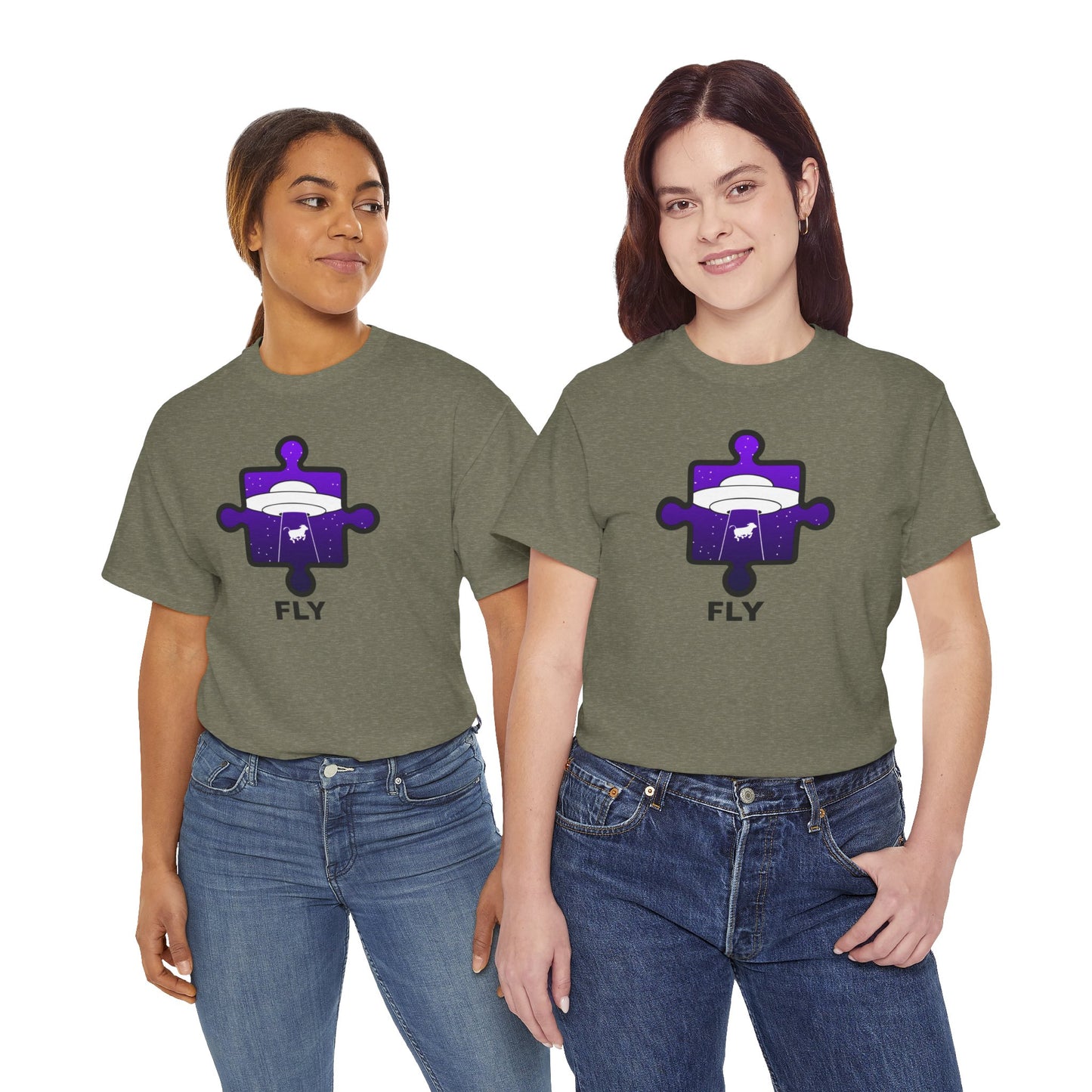 UFO Cow Abduction Puzzle Piece T-Shirt – ‘Fly’ Graphic Tee – Non-Distressed Design